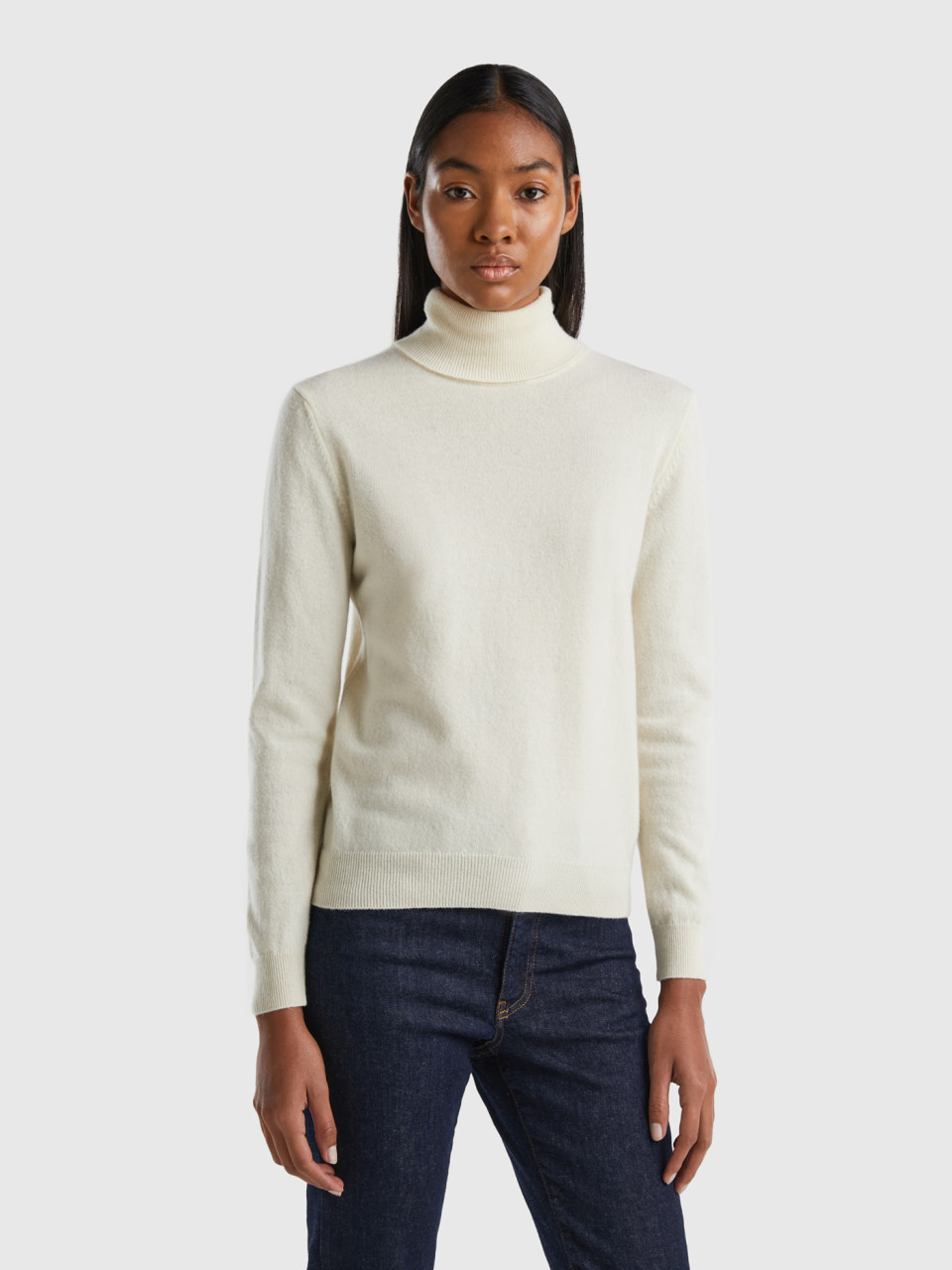 Benetton, Cream Turtleneck Sweater In Pure Merino Wool, Creamy White, Women