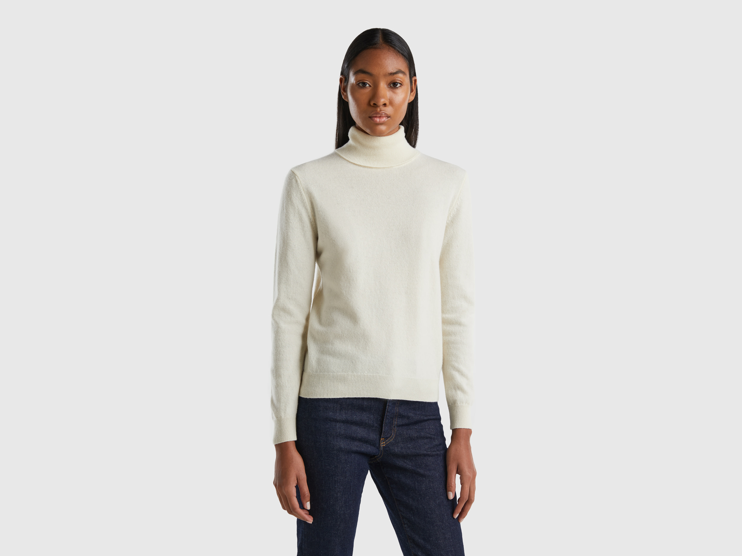 Benetton, Cream Turtleneck Sweater In Pure Merino Wool, size M, Creamy White, Women