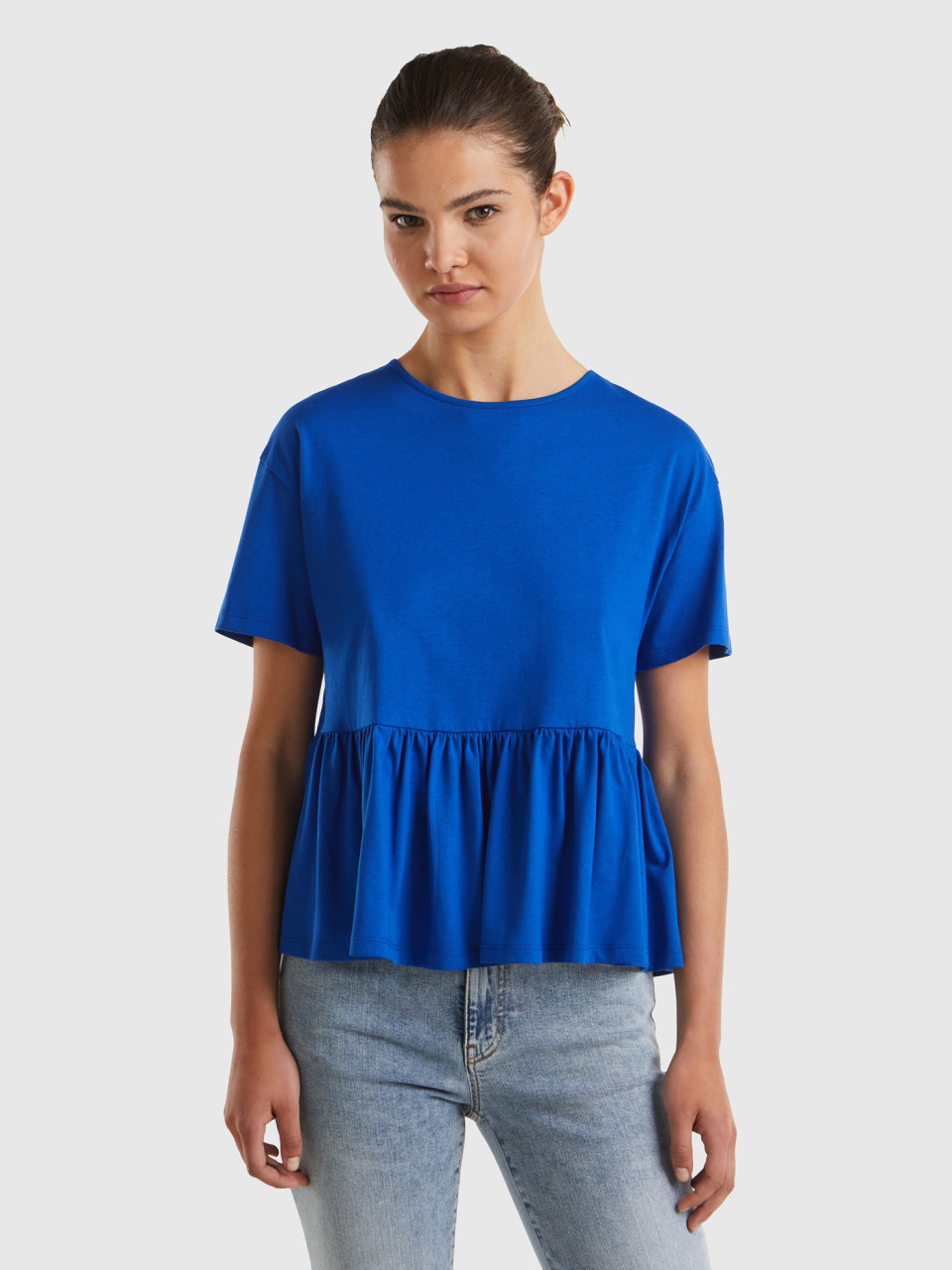Benetton, Boxy Fit T-shirt With Ruffle, Bright Blue, Women