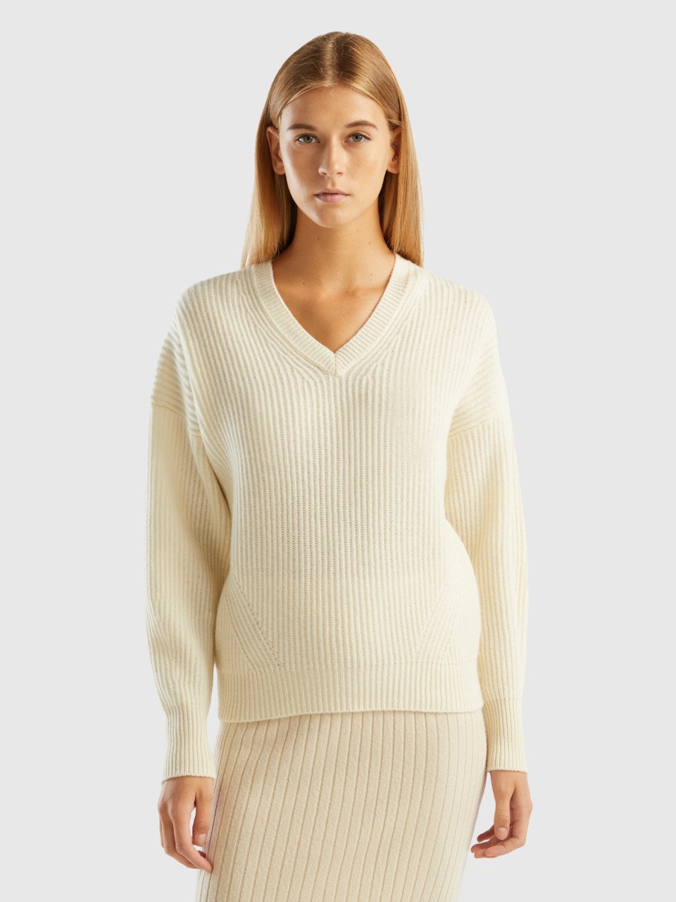 Benetton, Soft Sweater With V-neck, Creamy White, Women