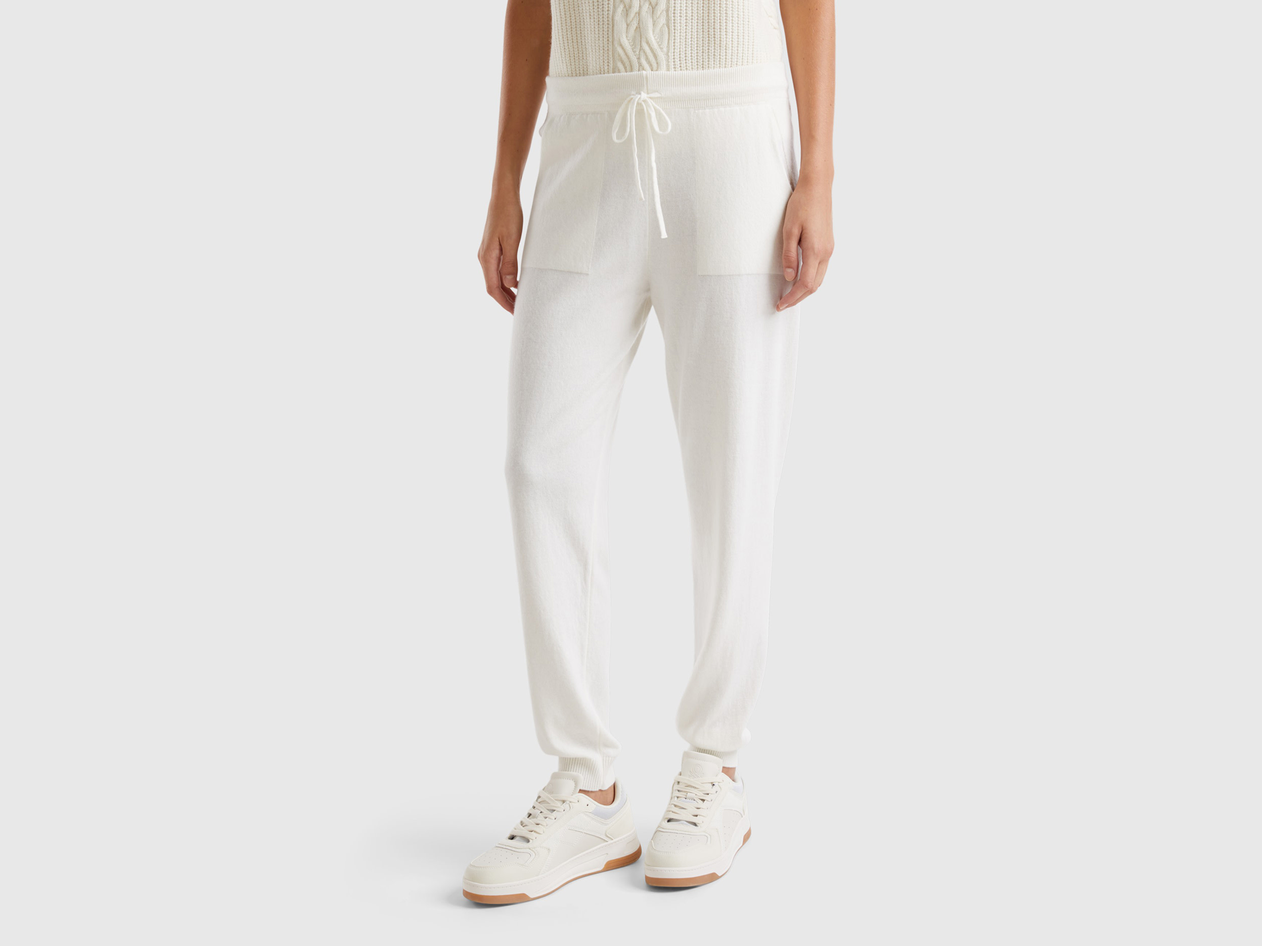 Benetton, Pantalone Sportivo Panna Misto Cashmere, Bianco Panna, Donna