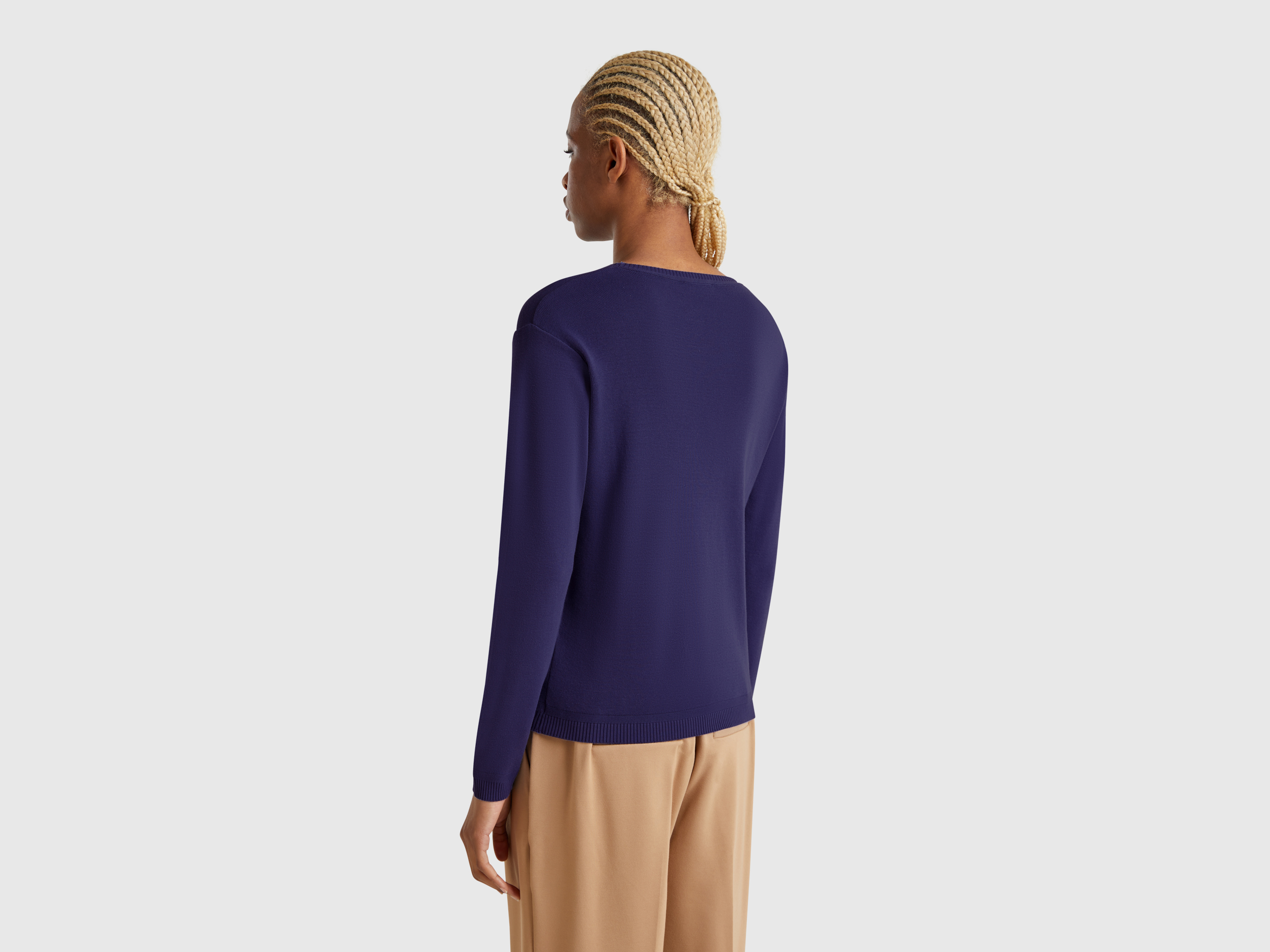 Benetton, Μπλούζα Με Λαιμόκοψη Από Αγνό Βαμβακερό, size XL, Μπλε, Γυναικεία φωτογραφία