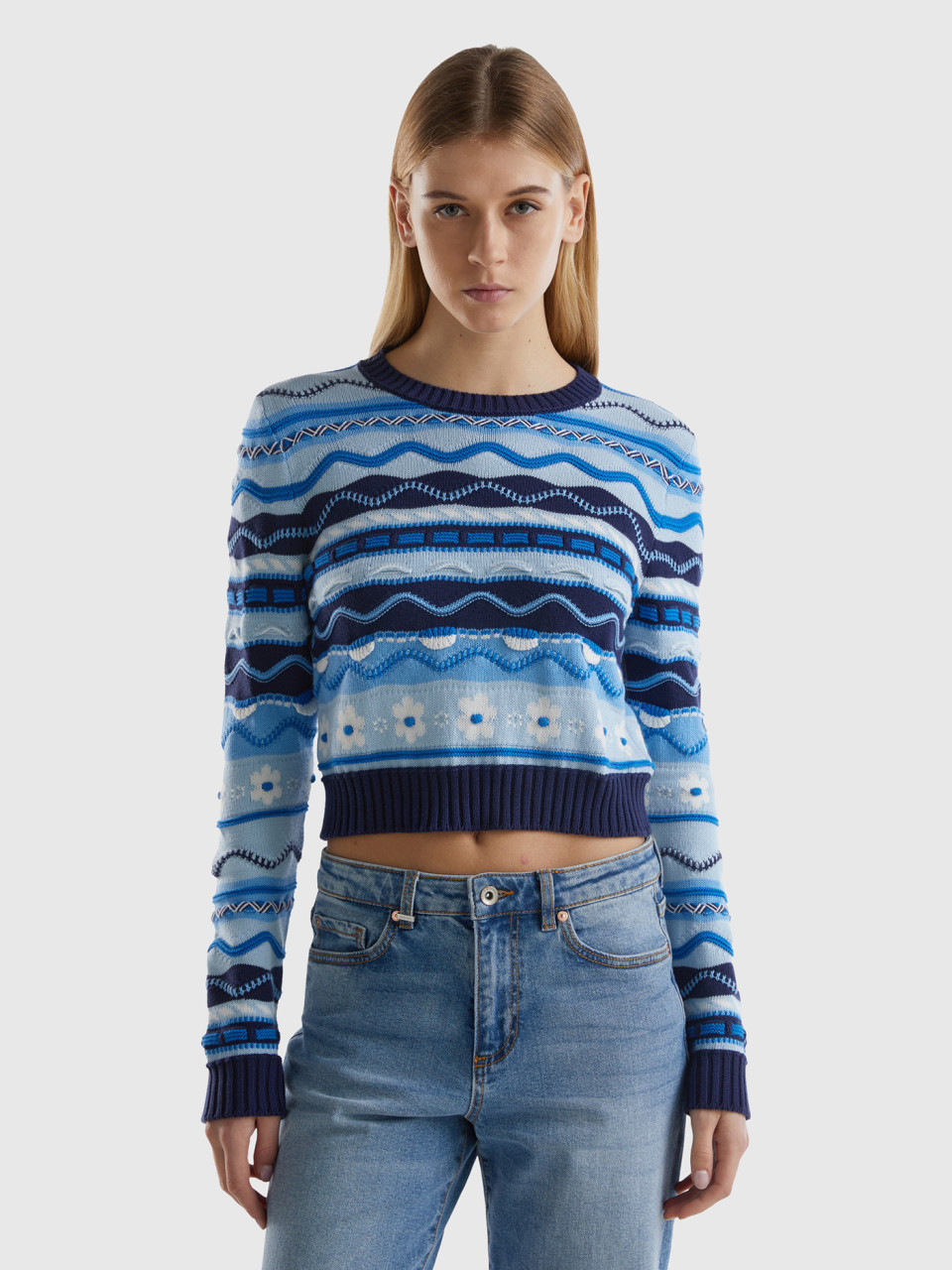 Benetton, Knit 100% Cotton Sweater, Multi-color, Women
