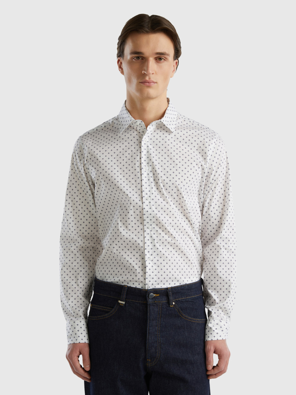 Benetton, Slim Fit Micro-patterned Shirt, White, Men