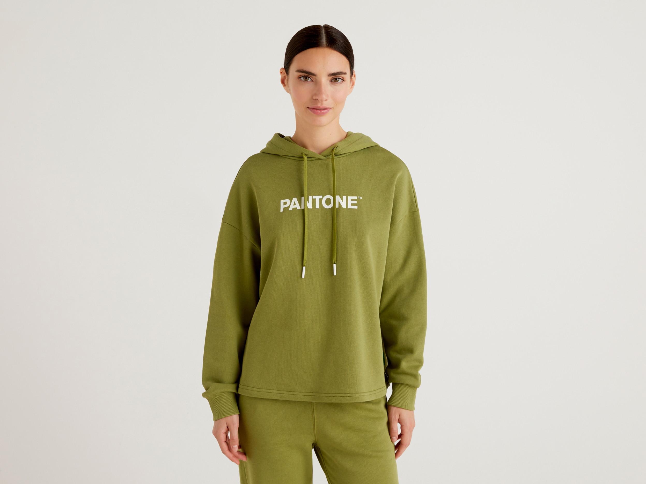 Benetton, Felpa Verde Militare Con Cappuccio Benettonxpantone™, Verde Militare, Donna