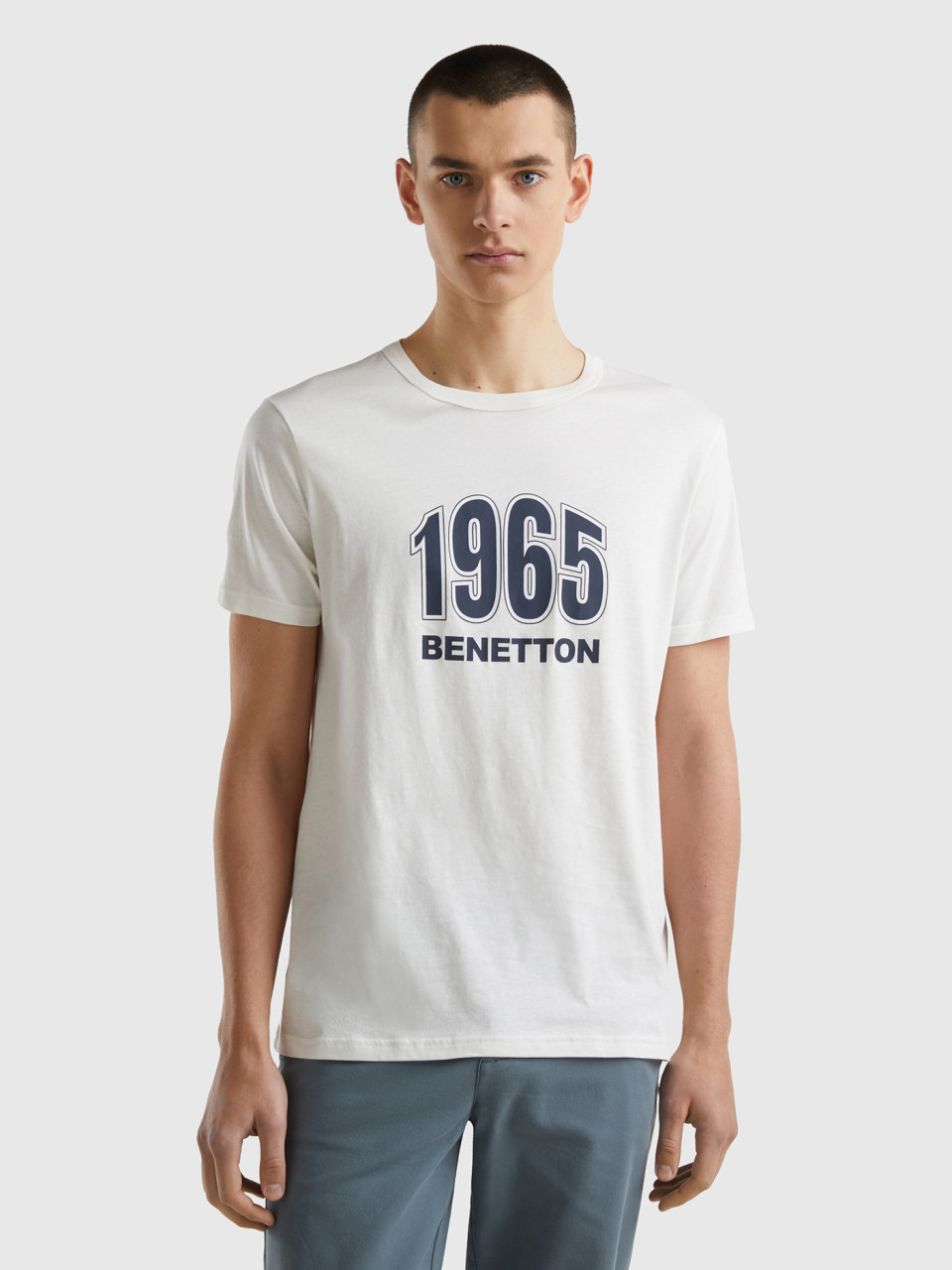 Benetton, T-shirt In Sahneweiß Aus Bio-baumwolle Mit Logo Print, Cremeweiss, male