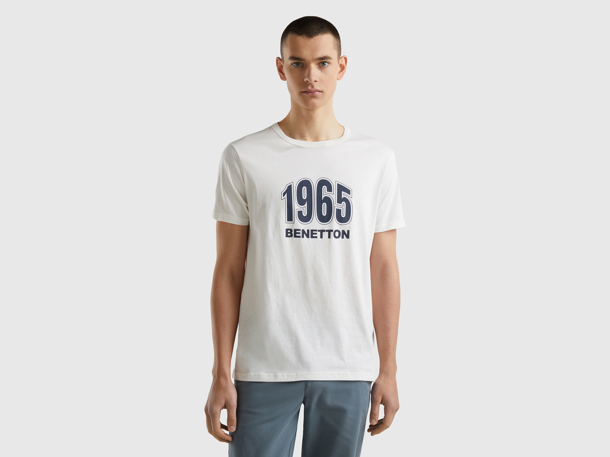 Image of Benetton, Creamy White Organic Cotton T-shirt With Logo Print, size XXXL, Creamy White, Men