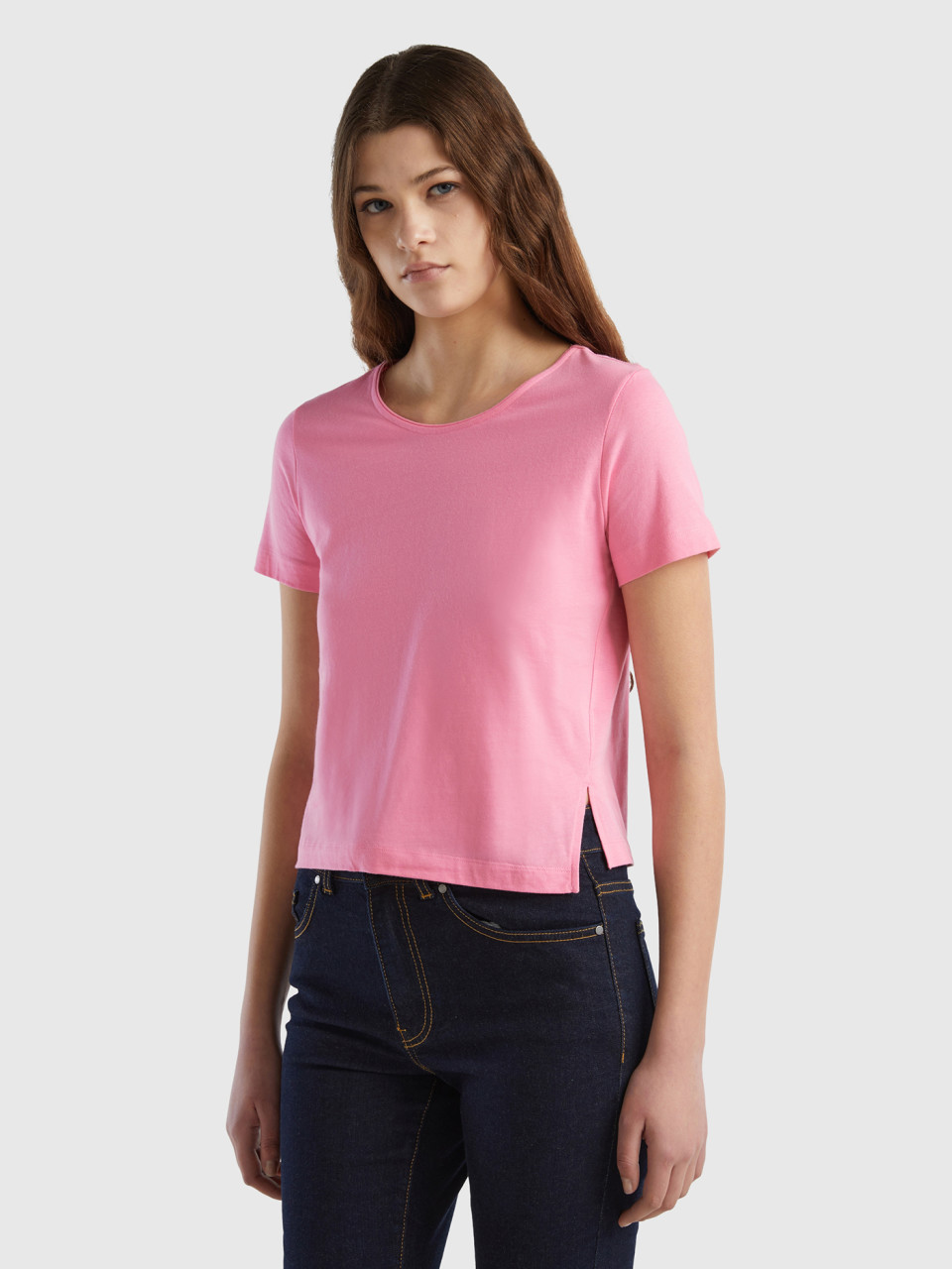 Benetton, Camiseta De Manga Corta Con Abertura, Rosa, Mujer