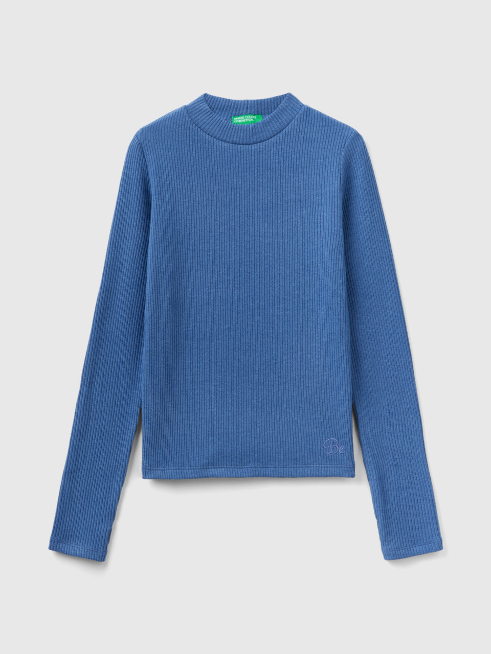 Benetton, T-shirt Chaud Et Ajusté À Bords-côtes, Bleu Horizon, Enfants
