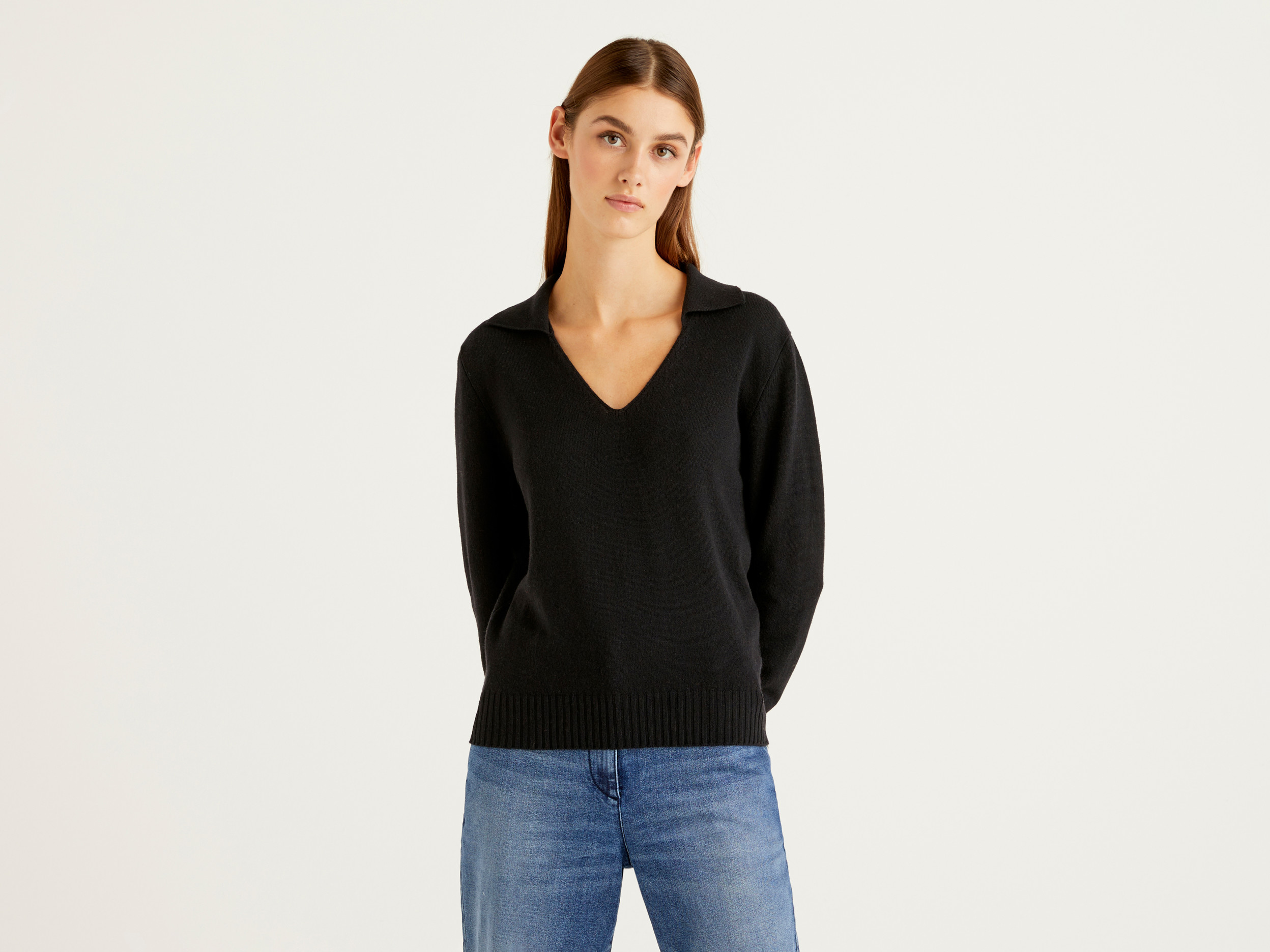 Benetton, Maglia Polo In Lana E Cashmere, Nero, Donna Benetton, Maglia Polo In Lana E Cashmere, Nero, Donna