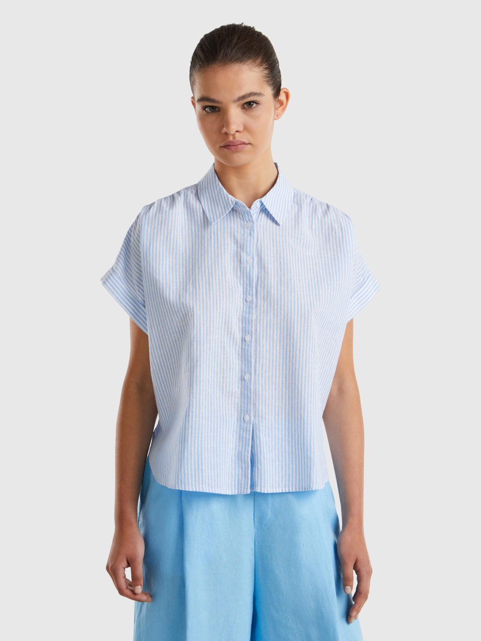Benetton, Comfort Fit Striped Shirt, Light Blue, Women