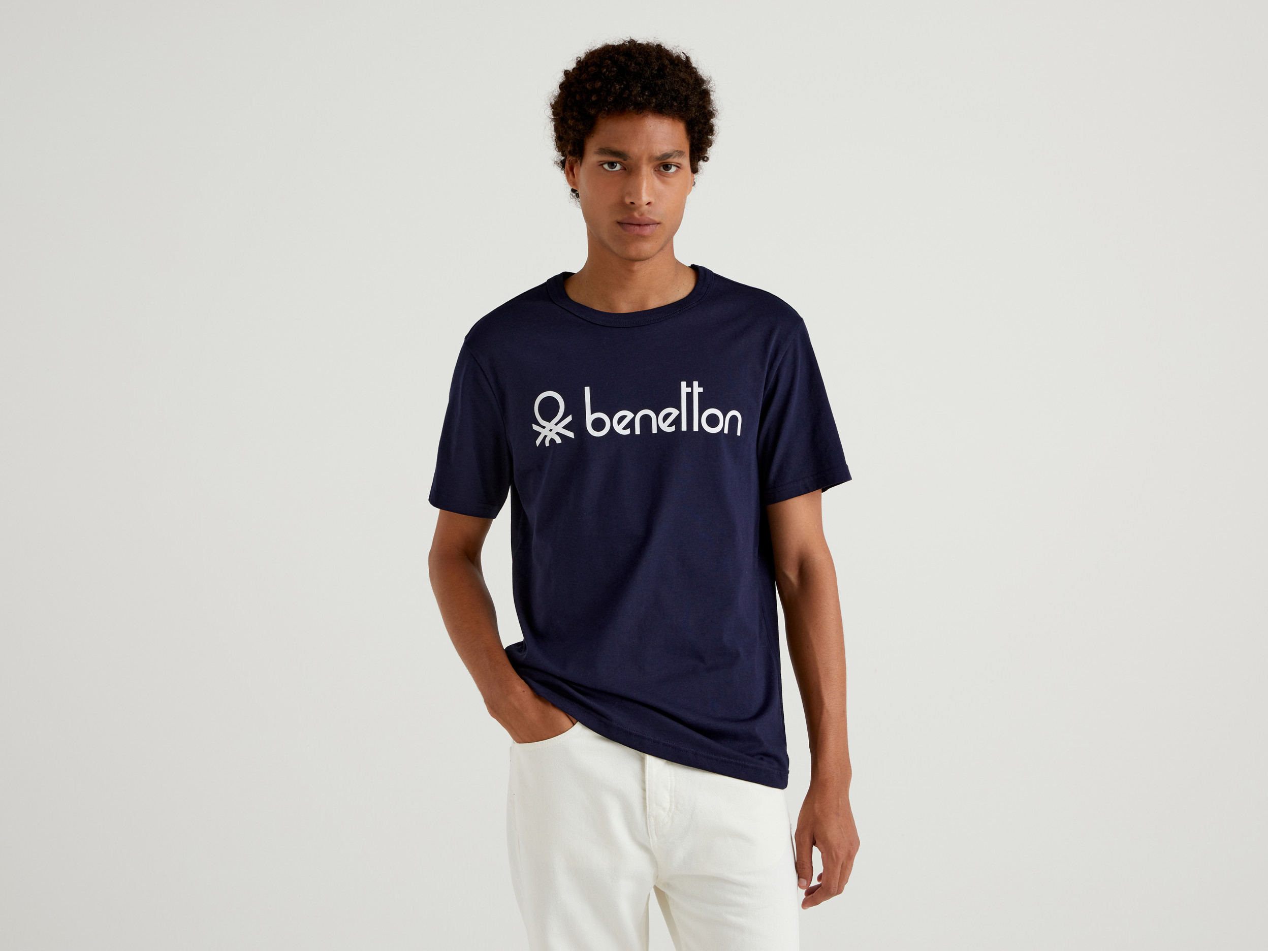 Benetton, T-shirt Bleu En Coton Bio À Imprimé Logo, taille XL, Bleu, Homme