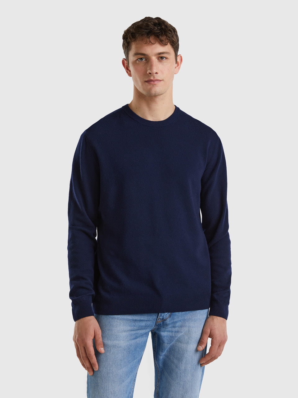 Benetton, Dark Blue Crew Neck Sweater In Pure Merino Wool, Dark Blue, Men