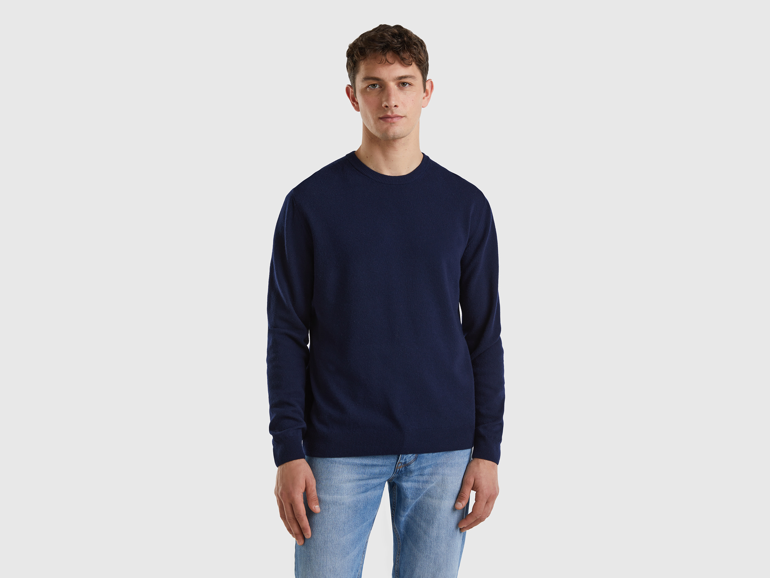 Benetton, Dark Blue Crew Neck Sweater In Pure Merino Wool, size XXL, Dark Blue, Men