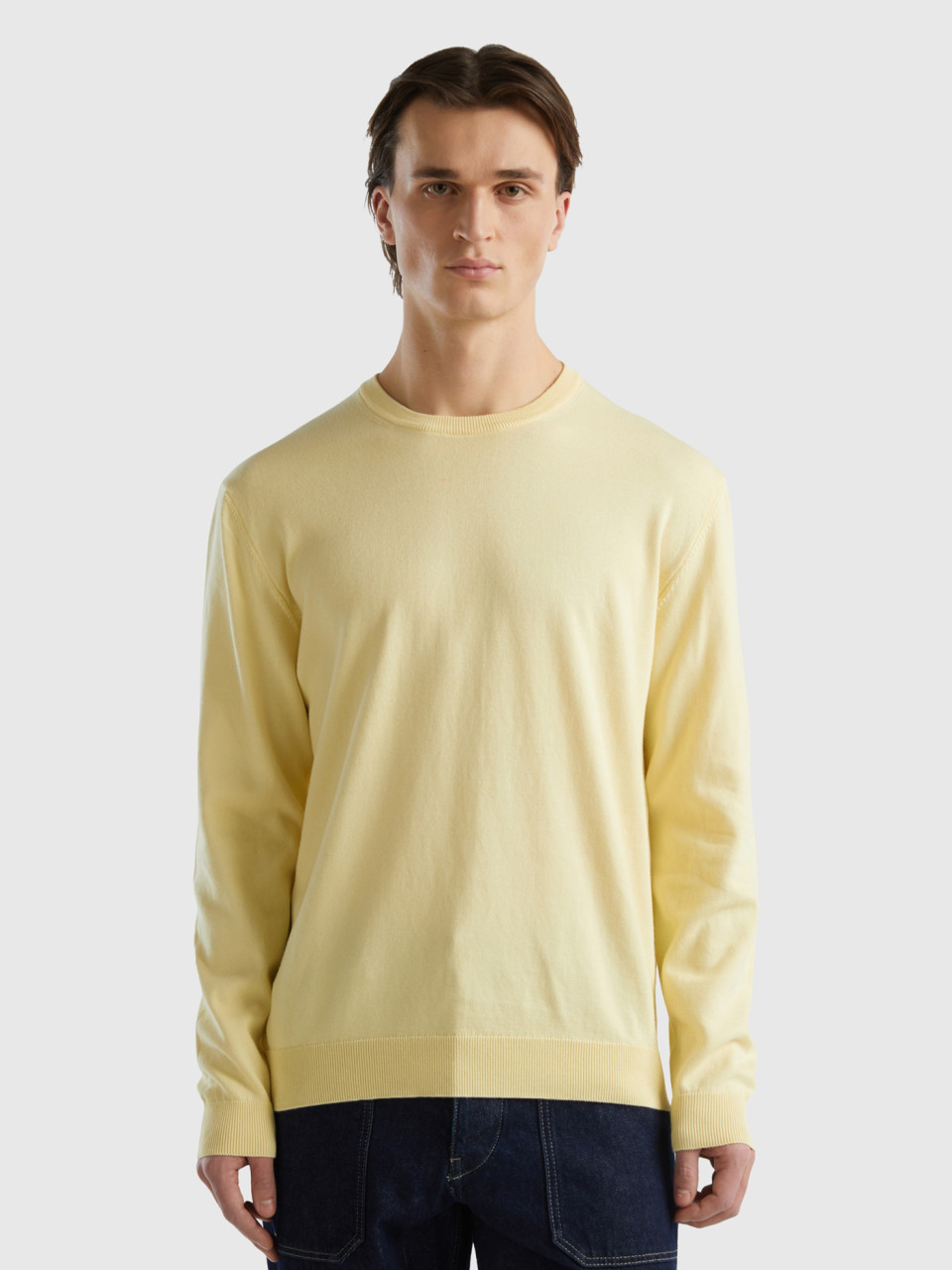 Benetton, Crew Neck Sweater In 100% Cotton, Yellow, Men