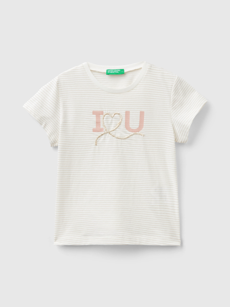 Benetton, T-shirt With Cord Embroidery, Creamy White, Kids