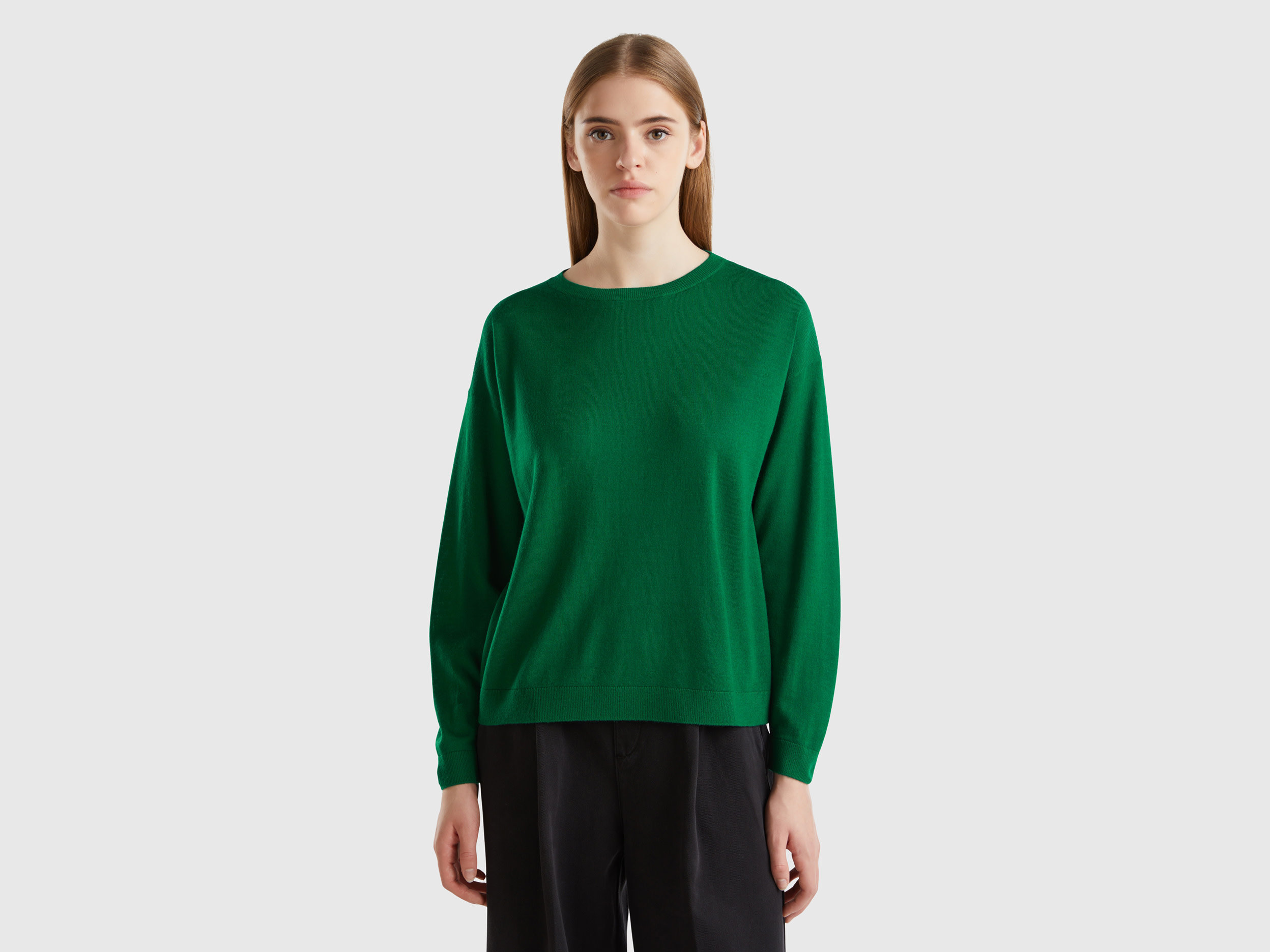 Benetton, Maglia Con Scollo A Barchetta In Pura Lana Merino, Verde, Donna