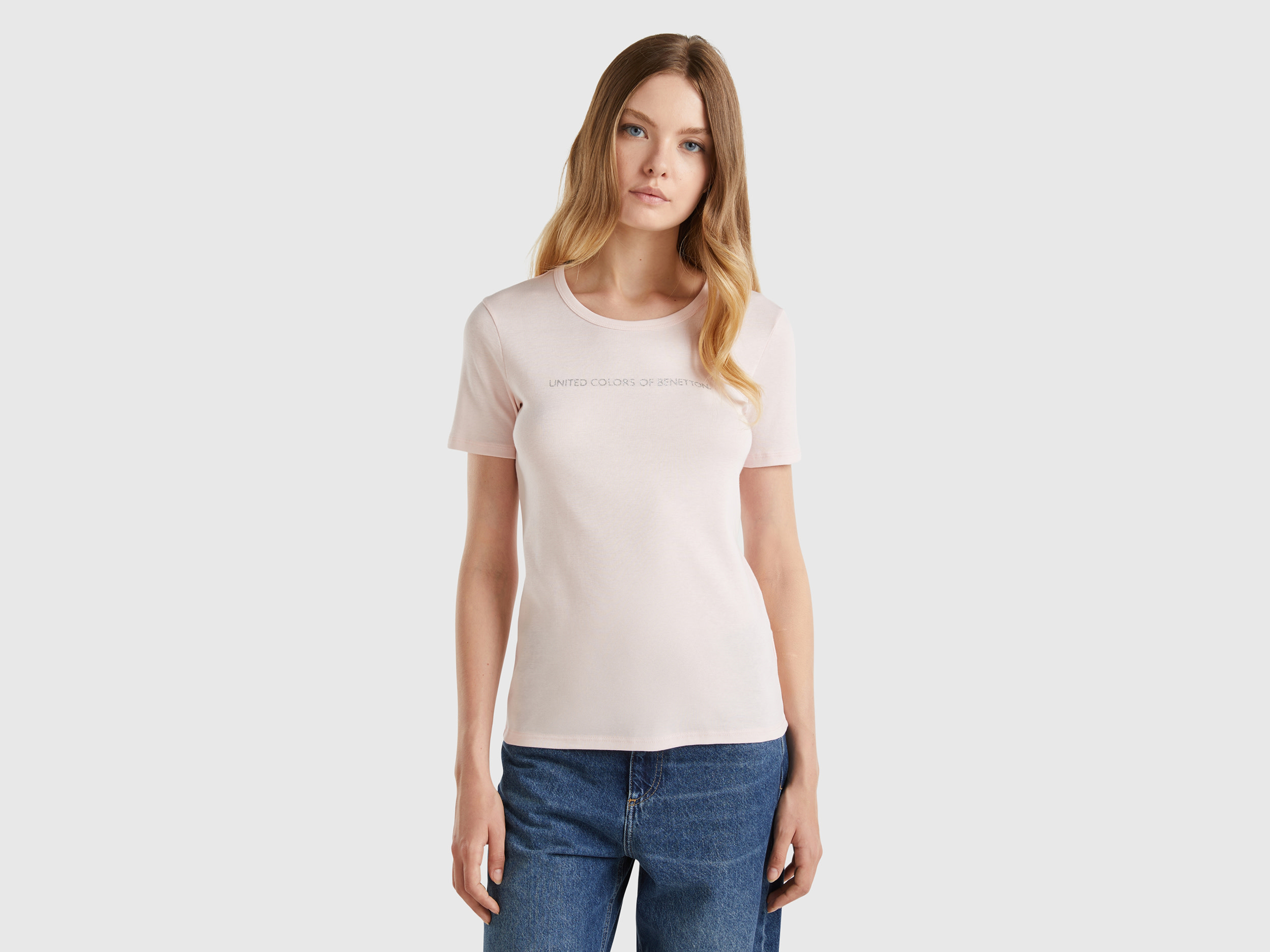 Benetton, T-shirt 100% Cotone Con Stampa Logo Glitter, Rosa Pastello, Donna