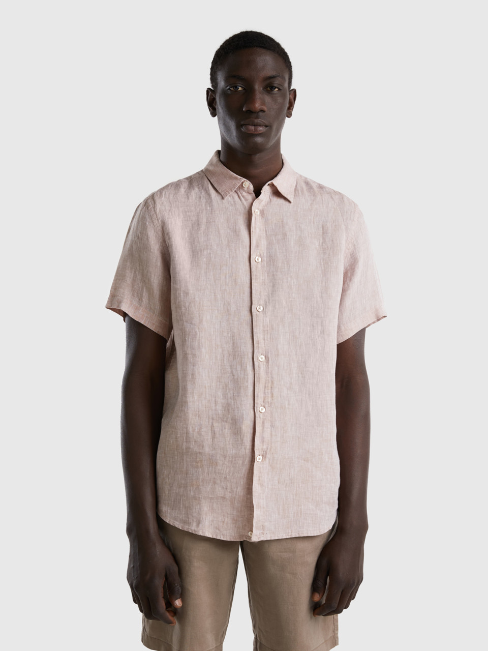 Benetton, 100% Linen Short Sleeve Shirt, Beige, Men