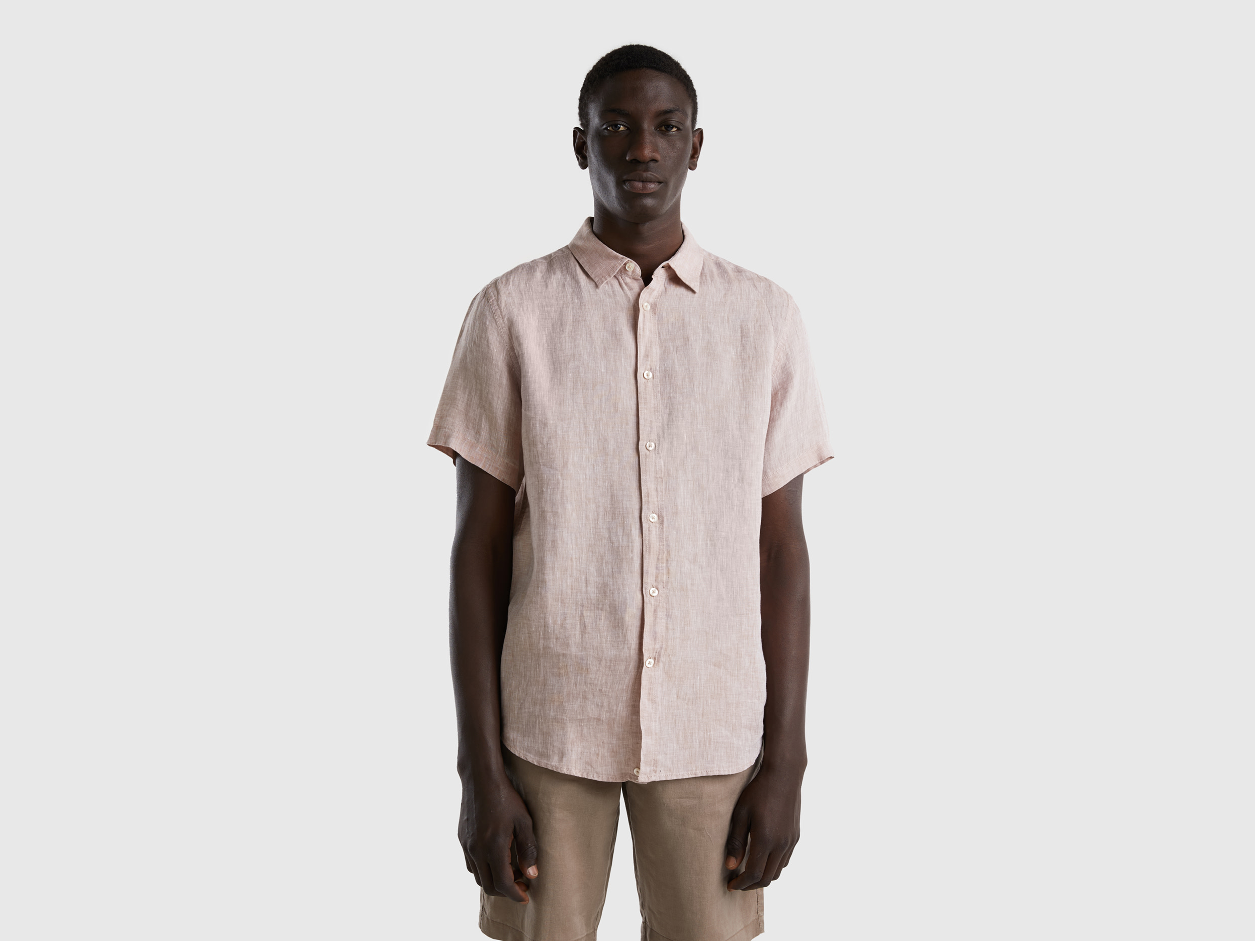 Benetton, 100% Linen Short Sleeve Shirt, size XXXL, Beige, Men