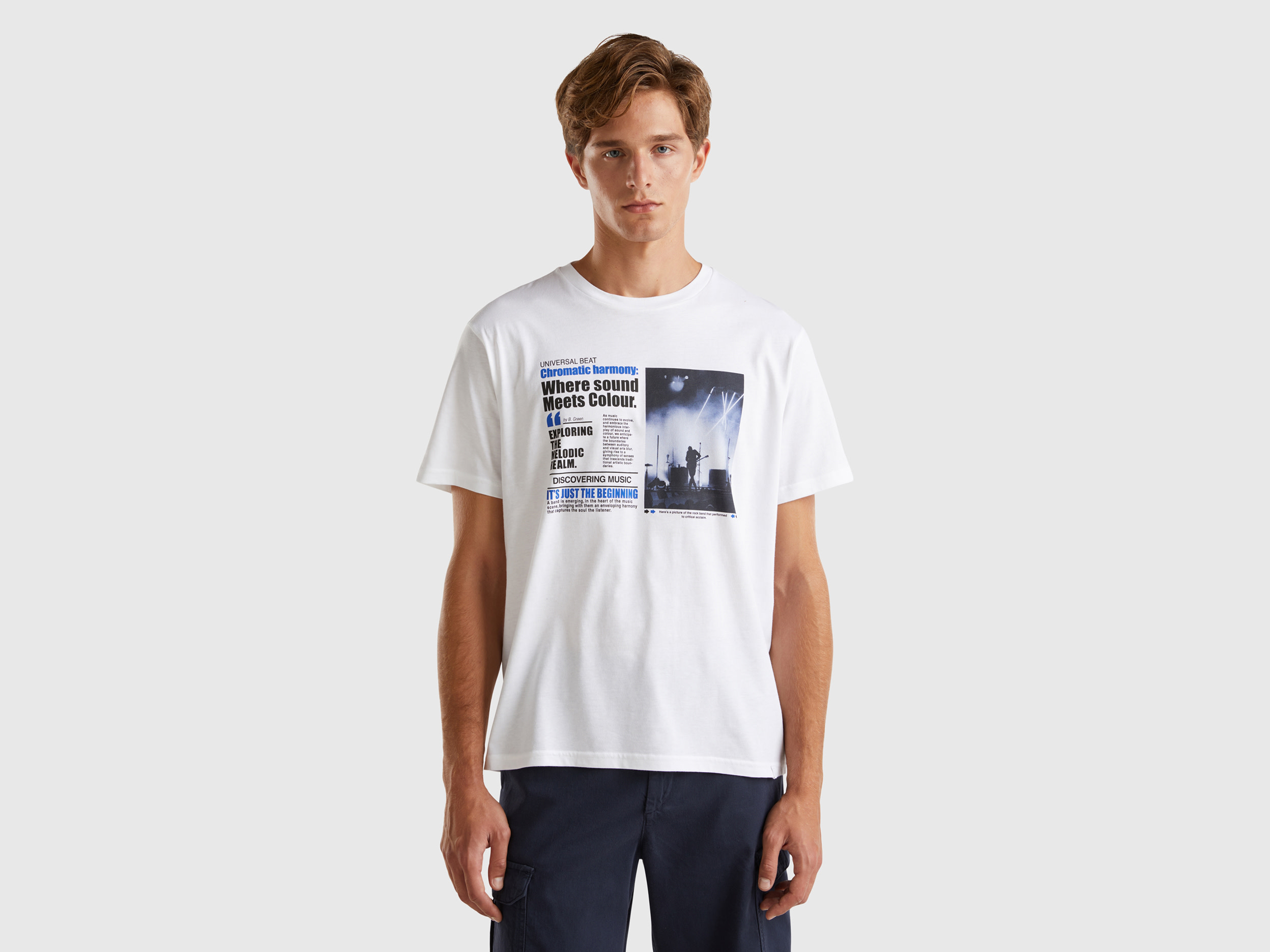 Benetton, T-shirt Con Stampa Fotografica, Bianco, Uomo