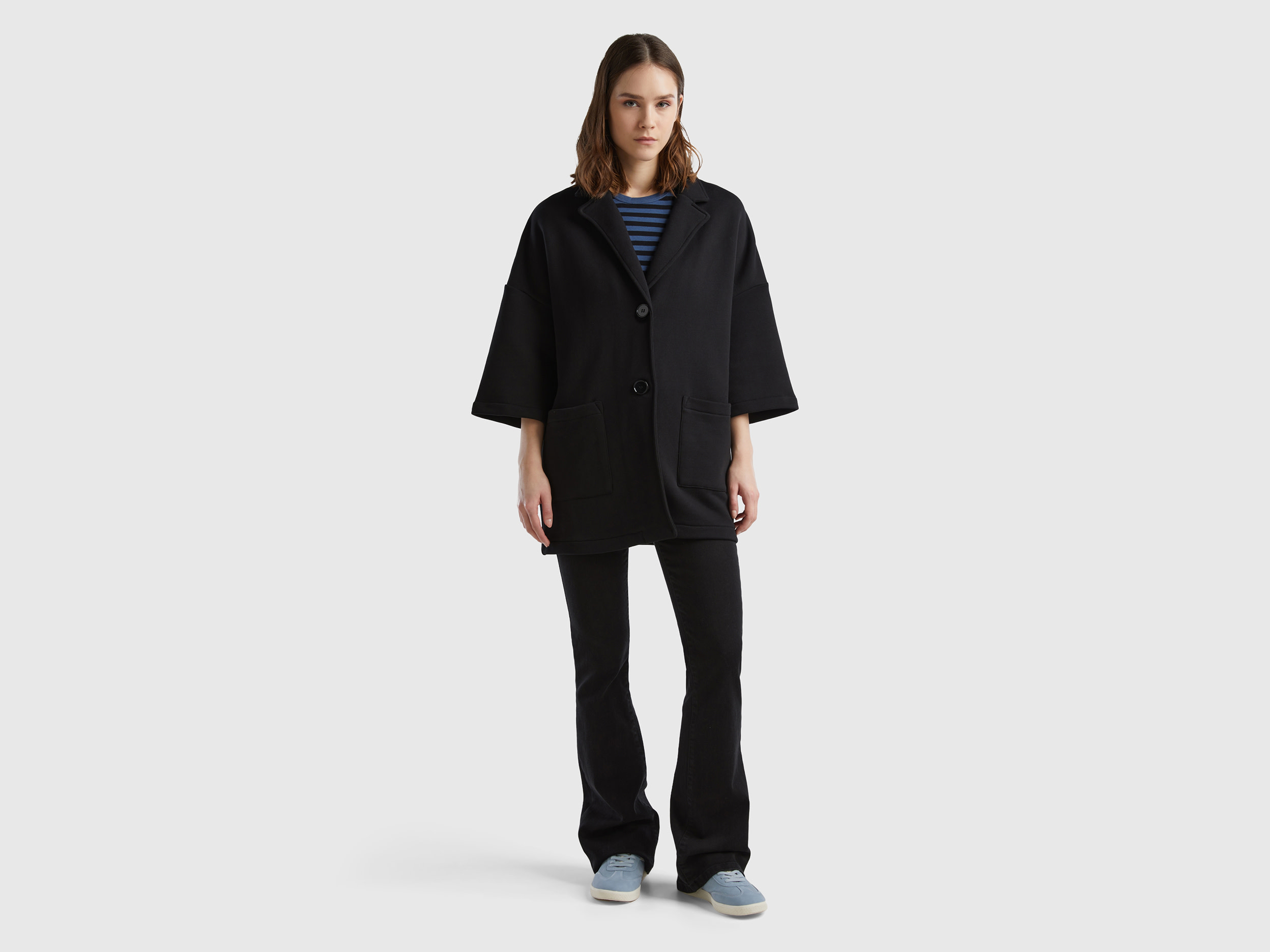 Benetton, Cappotto In Felpa, Nero, Donna
