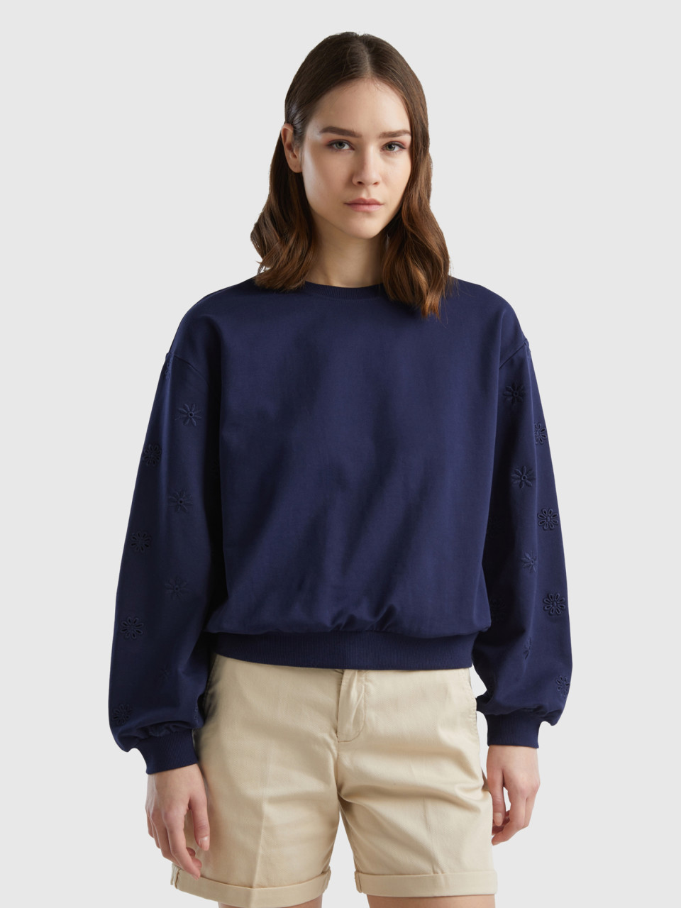 Benetton, Sweatshirt With Floral Embroidery, Dark Blue, Women