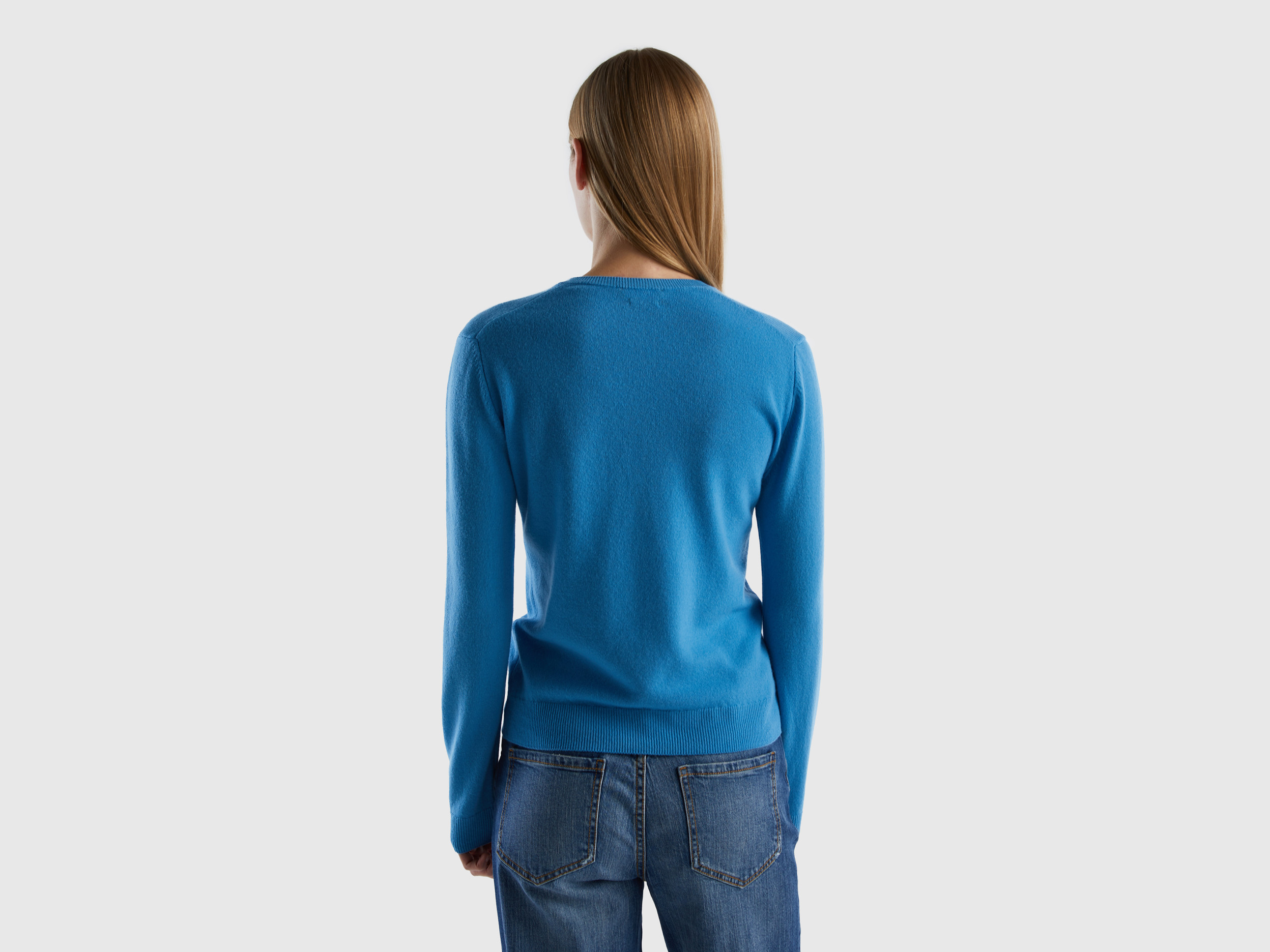Benetton, Powder Blue V-Neck Sweater In Pure Merino Wool, Taglia L, Air Force Blue, Women