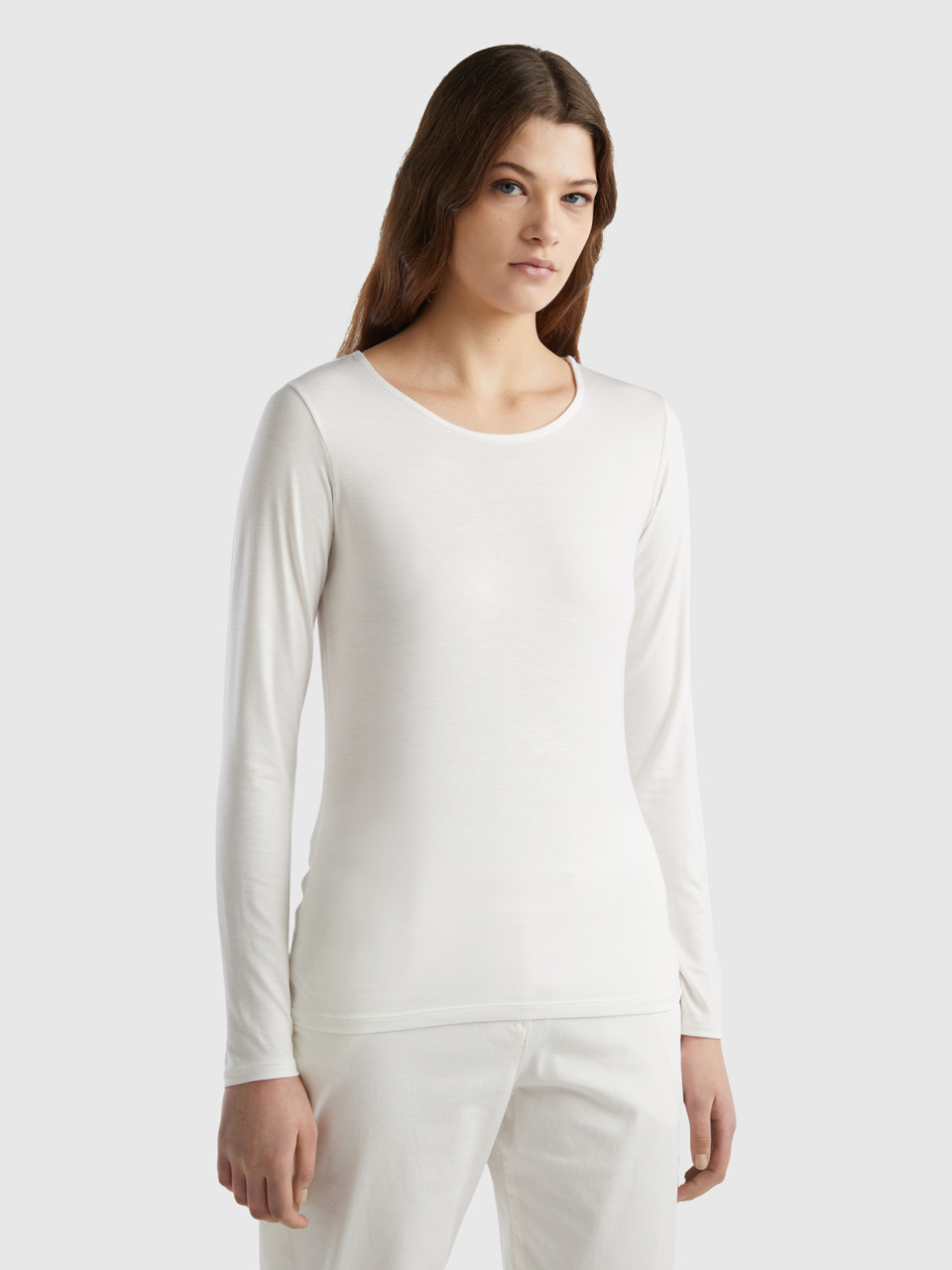 Benetton, Camiseta De Viscosa Sostenible Elástica, Blanco Crema, Mujer
