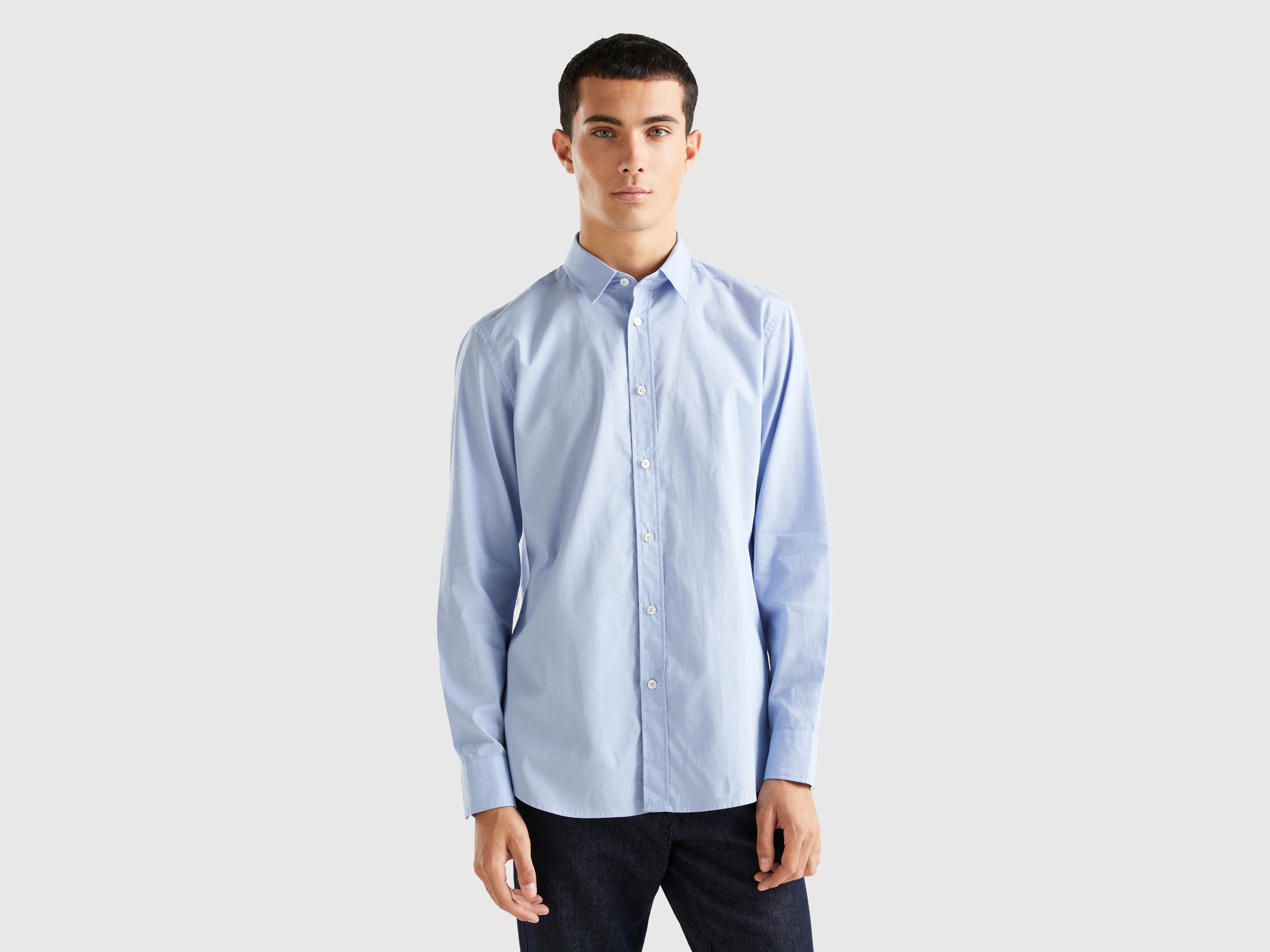 Benetton, Regular Fit Shirt With Micro Pattern, size L, Sky Blue, Men