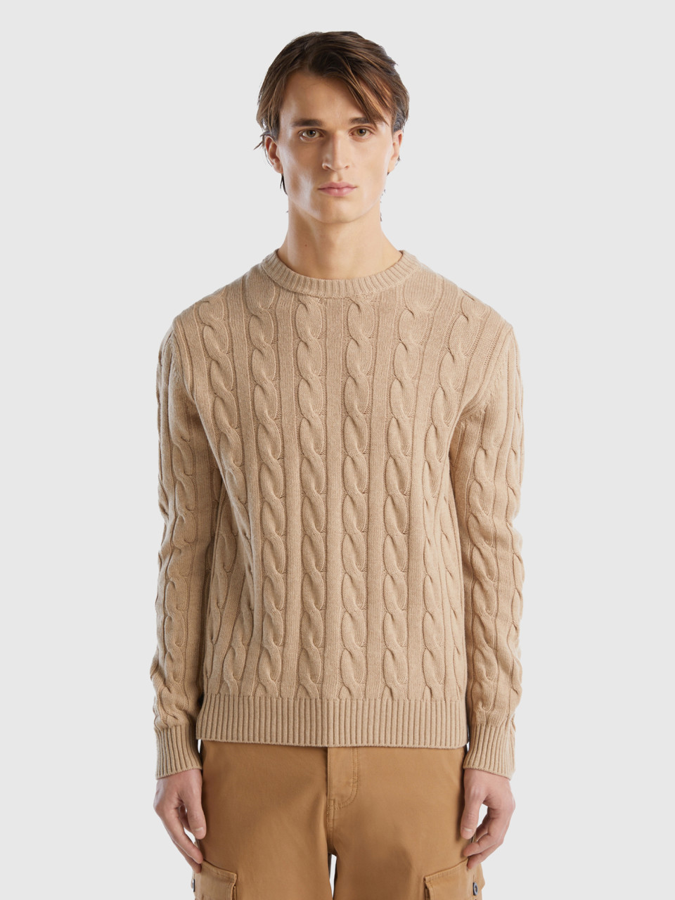 Benetton, Cable Knit Sweater In Cashmere Blend, Beige, Men