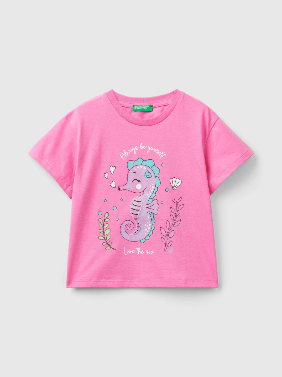 Benetton, T-shirt With Print And Patches, Pink, Kids
