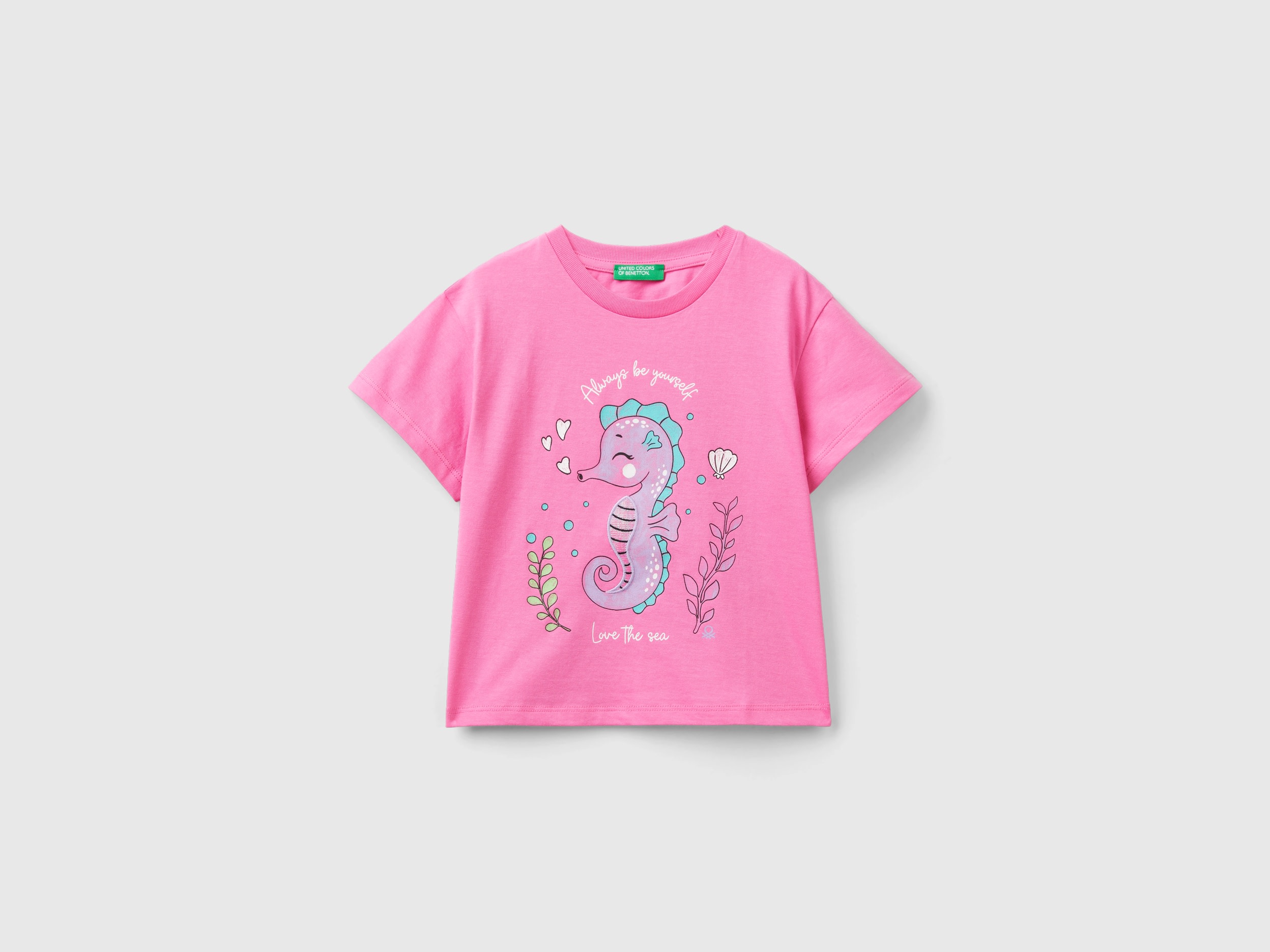 Benetton, T-shirt Con Stampa E Patch, Rosa, Bambini