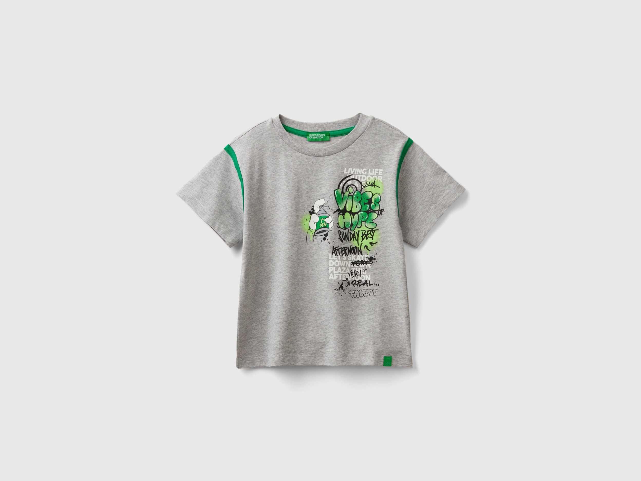 Benetton, T-shirt Con Stampa Graffiti In Cotone Bio, Grigio Chiaro, Bambini