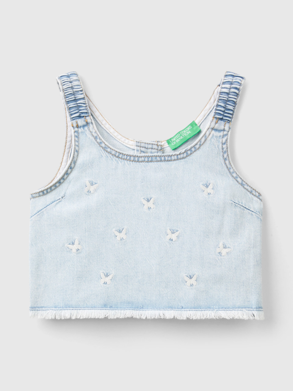 Benetton, Denim Blouse With Butterfly Embroidery, Sky Blue, Kids
