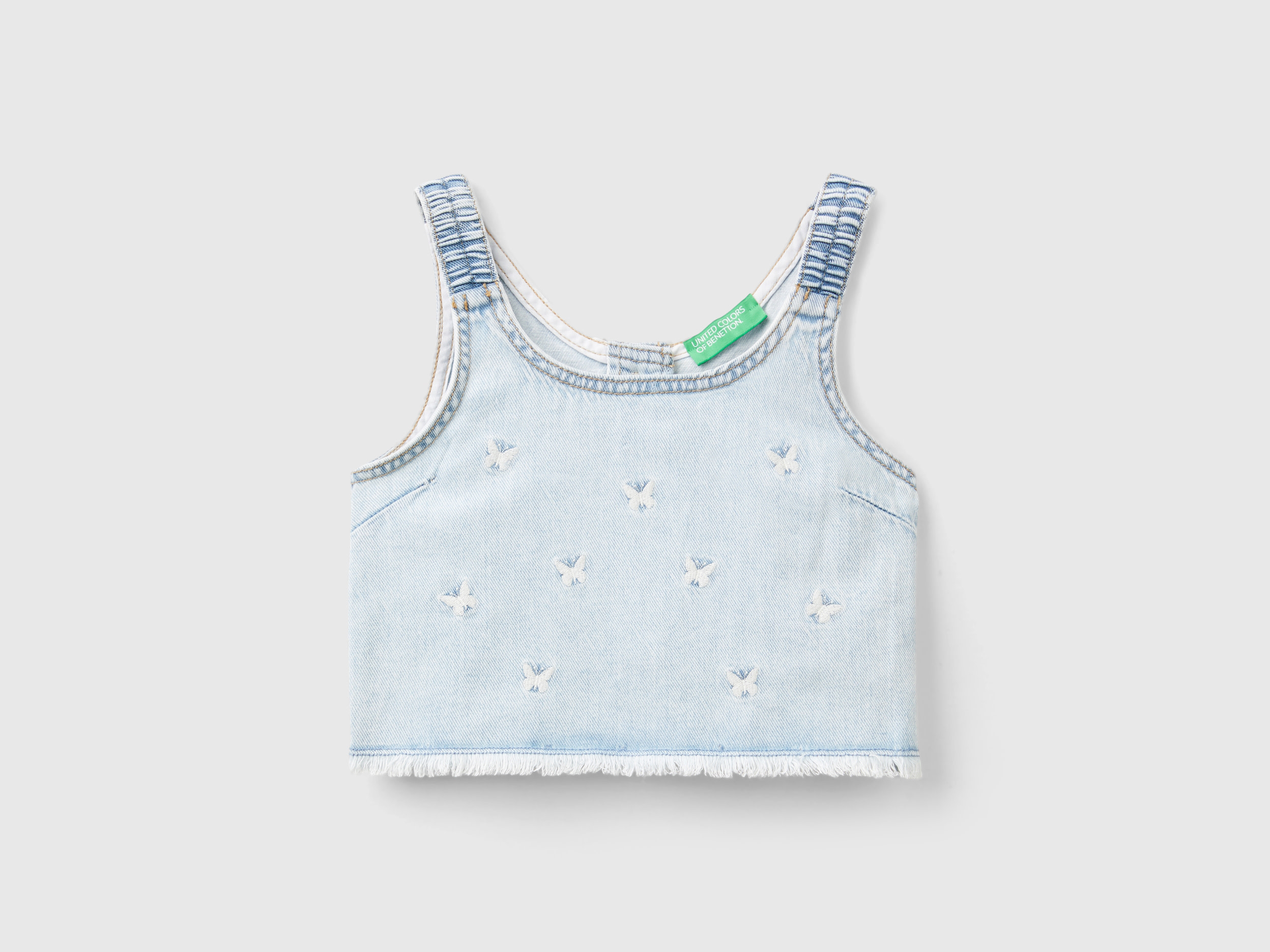 Benetton, Blusa Di Jeans Con Ricami Farfalle, Celeste, Bambini