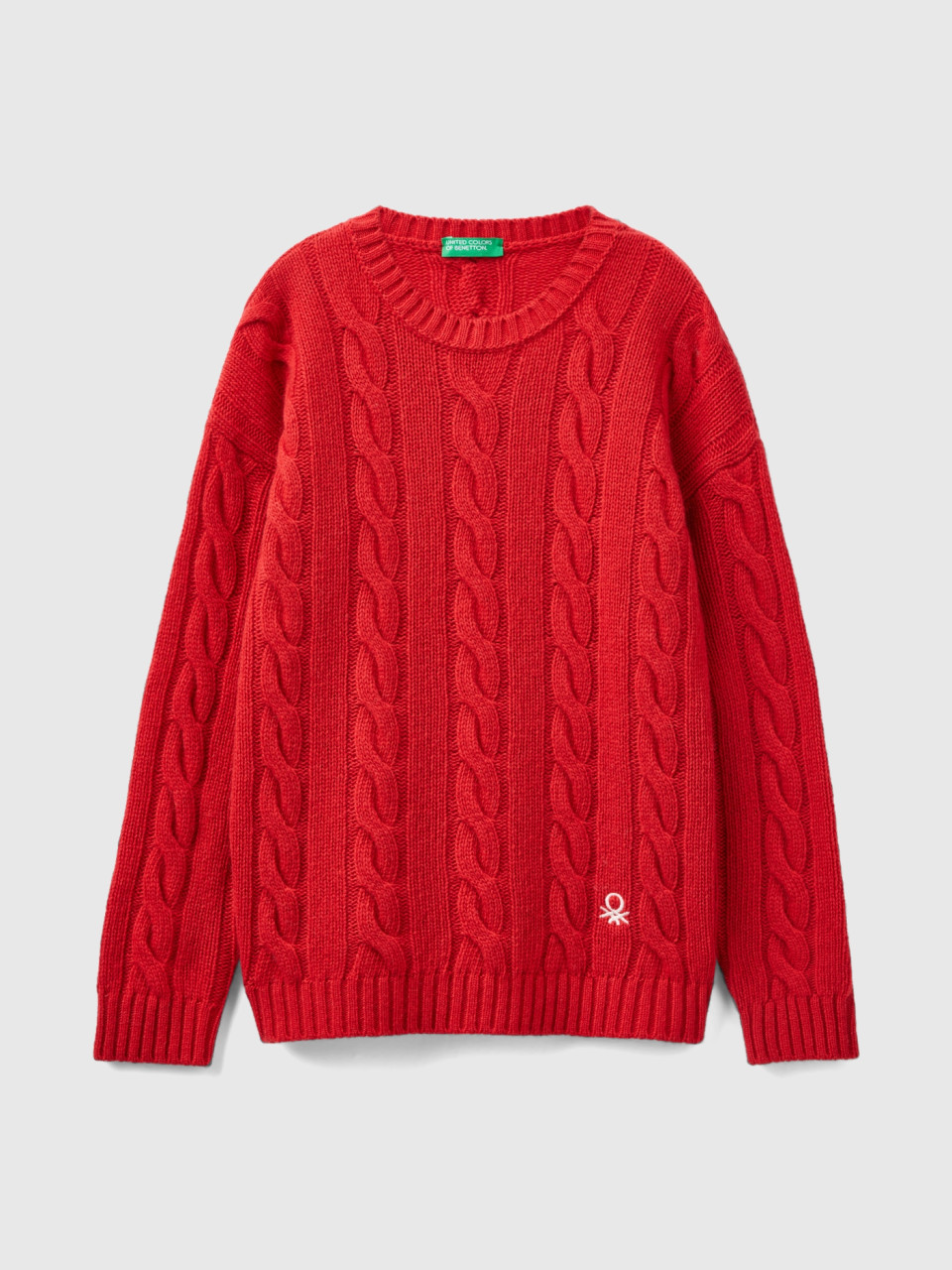 Benetton, Cable Knit Sweater In Wool Blend, Red, Kids