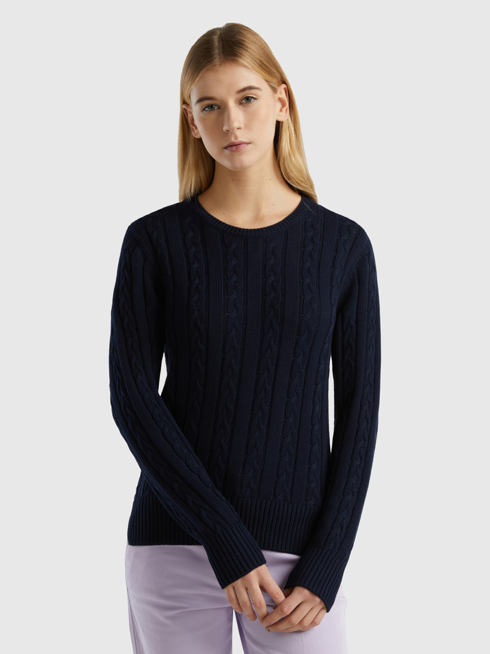 Benetton, Cable Knit Sweater 100% Cotton, Dark Blue, Women