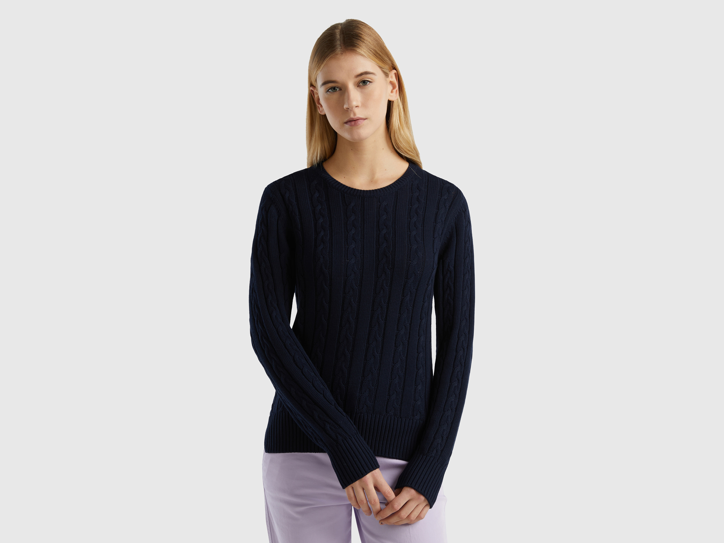 Benetton, Cable Knit Sweater 100% Cotton, size XXS, Dark Blue, Women