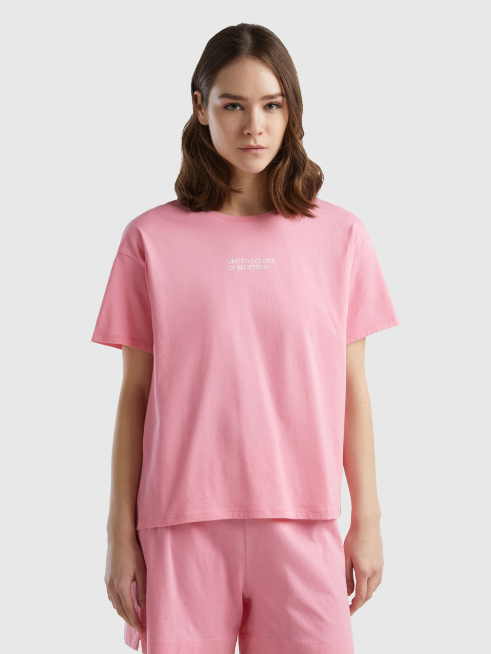 Benetton, Short Sleeve T-shirt With Logo, Pink, Women
