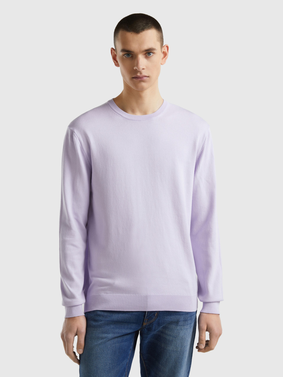 Benetton, Crew Neck Sweater In 100% Cotton, Lilac, Men