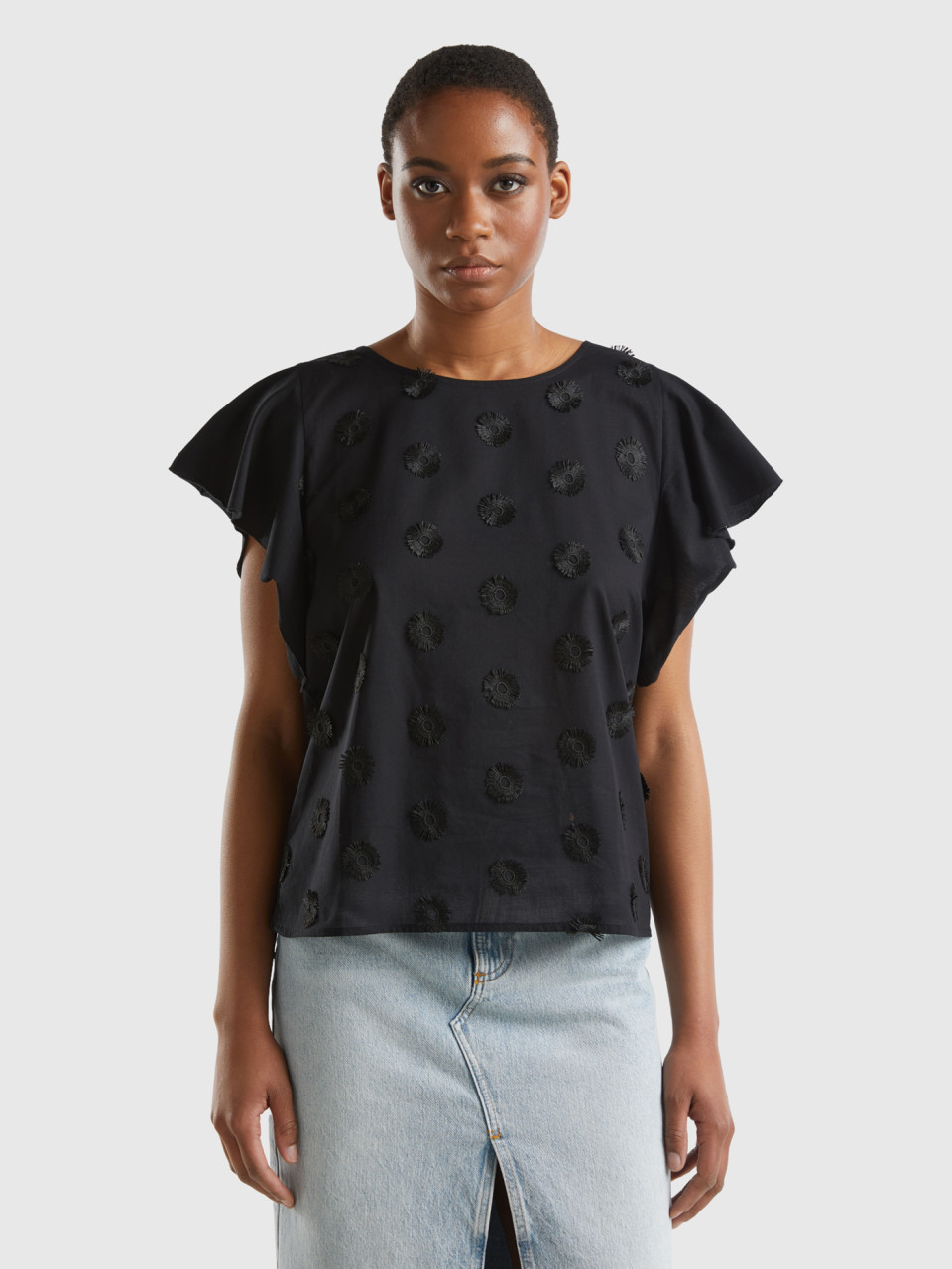 Benetton, T-shirt With Embroidered Flowers, Black, Women