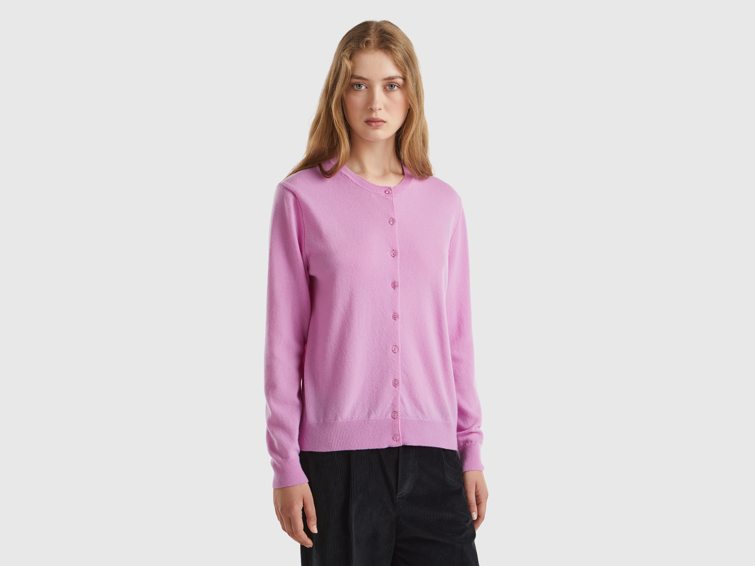 Benetton, Cardigan Girocollo Lilla In Pura Lana Merino, Lilla, Donna
