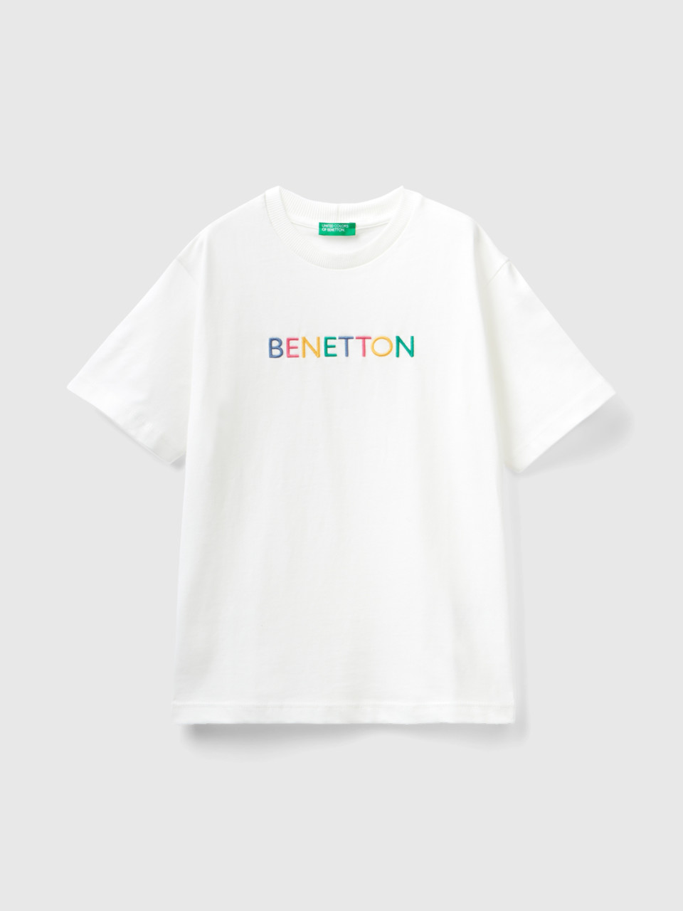 Benetton, White T-shirt With Embroidered Logo, White, Kids