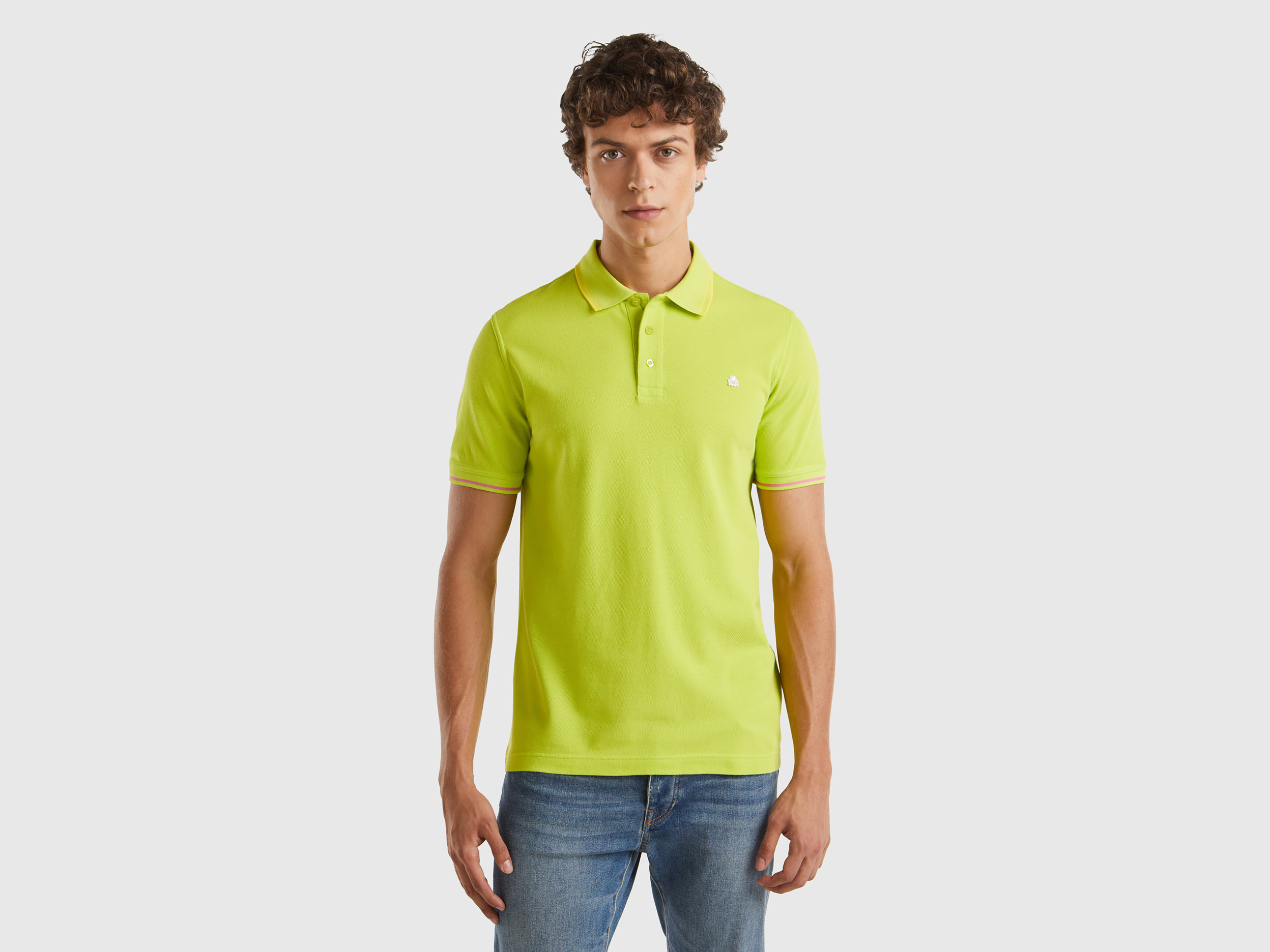 Image of Benetton, Lime Yellow Polo In Organic Cotton, size L, Lime, Men