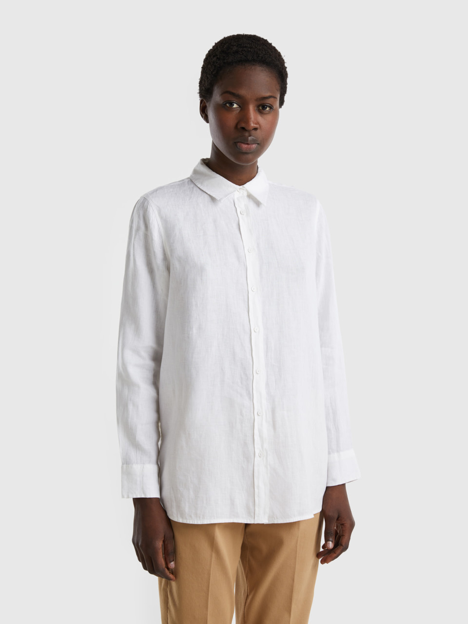 Benetton, Long Shirt In Pure Linen, White, Women