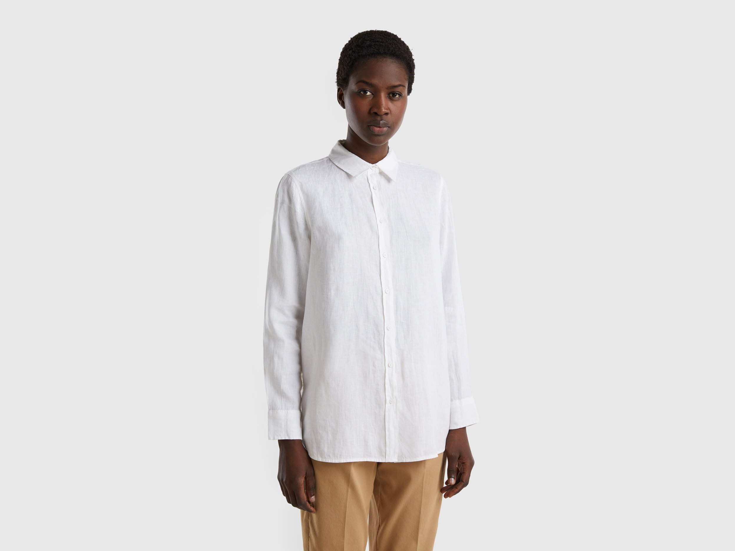 Benetton, Long Shirt In Pure Linen, size L, White, Women
