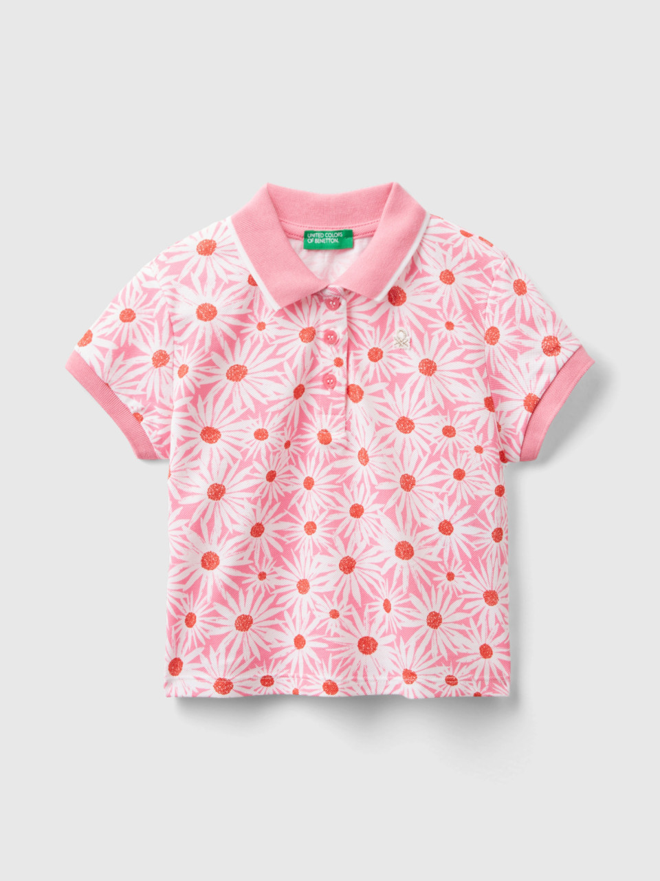 Benetton, Pink Polo Shirt With Floral Print, Pink, Kids