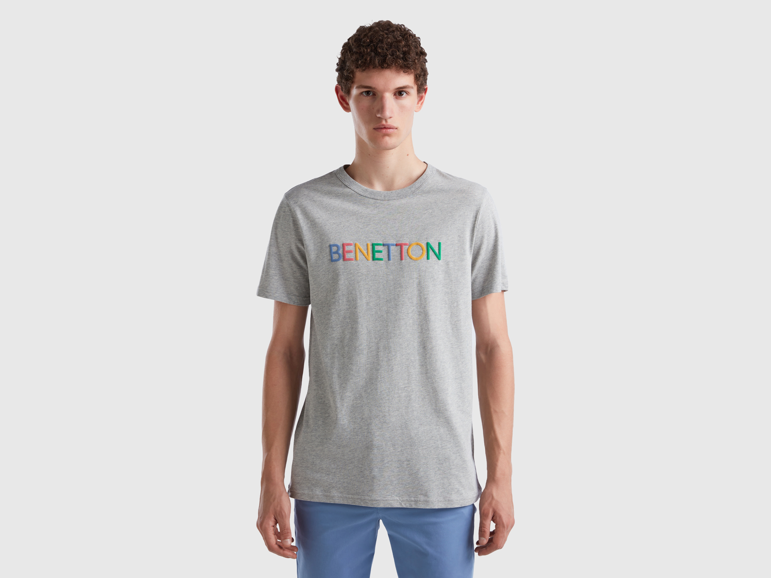 Image of Benetton, Gray T-shirt In Organic Cotton With Multicolored Logo, size L, Light Gray, Men