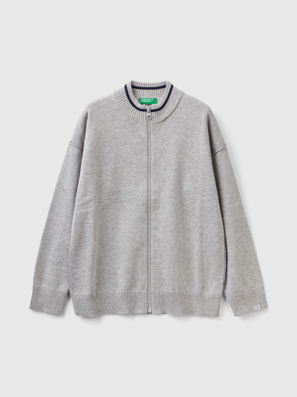 Benetton, Zip-up Cardigan In Tricot Cotton, Light Gray, Kids